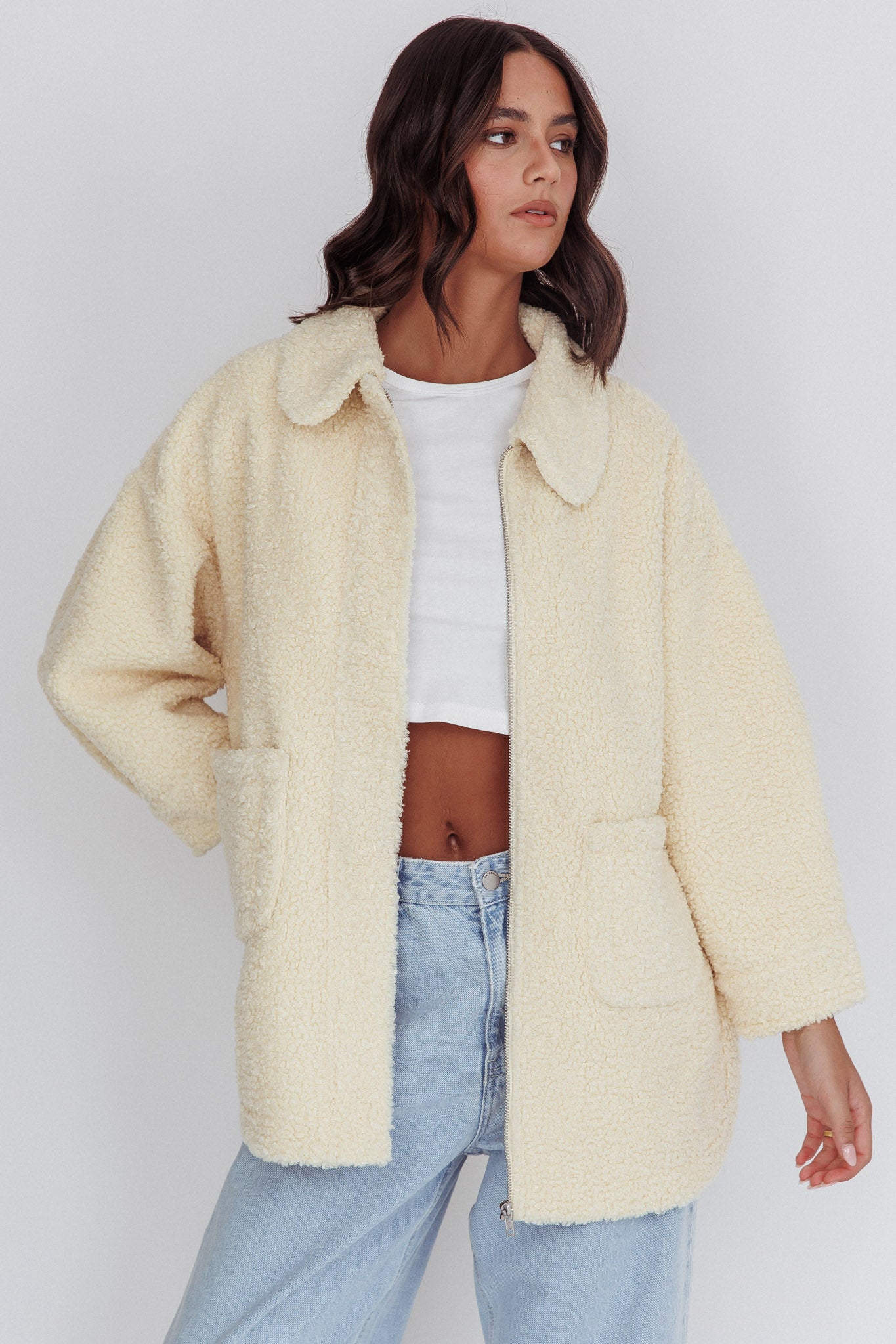 Peace & Serene Collared Sherpa Jacket Yellow by Selfie Leslie