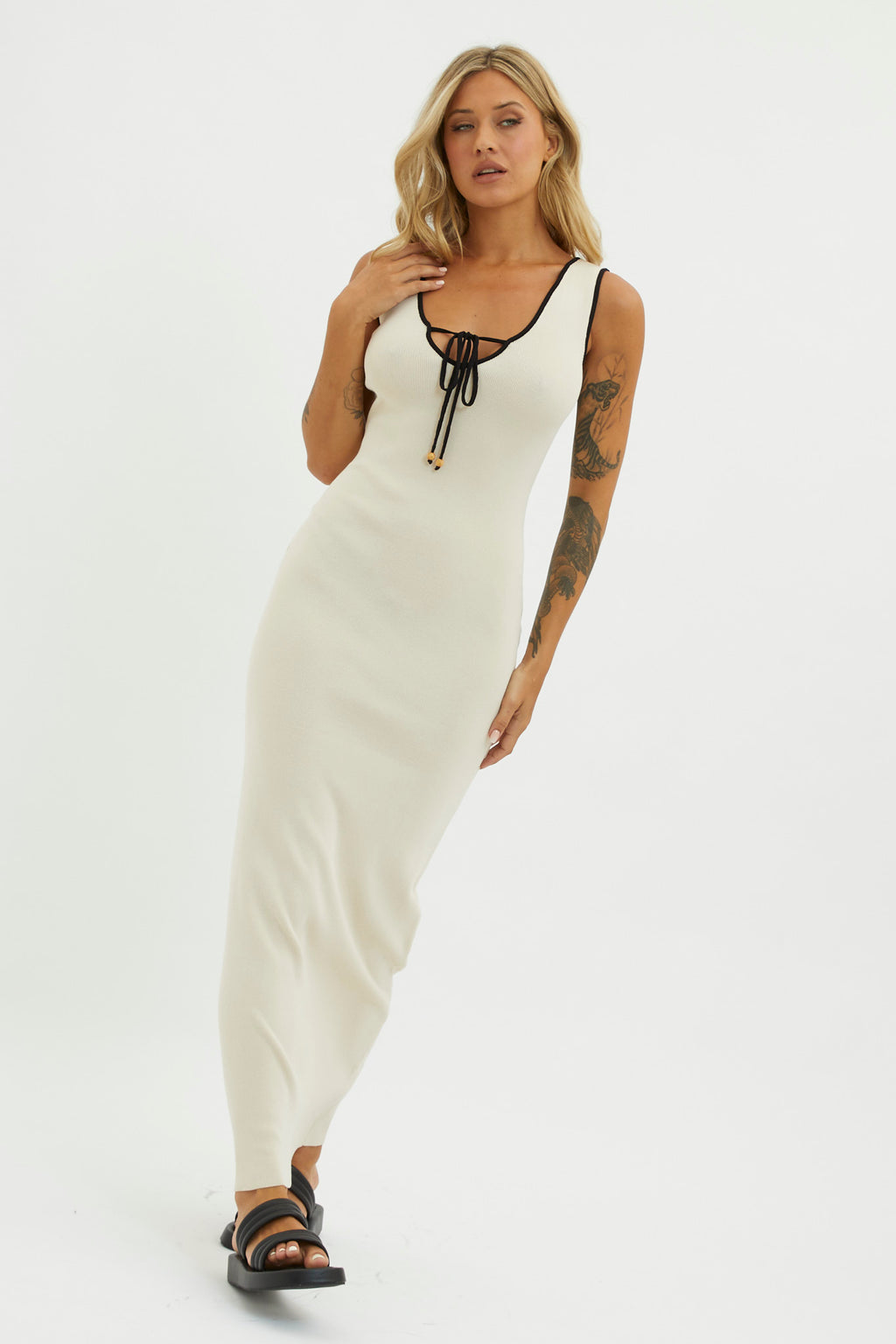 Karyssa Tied Bust Knit Maxi Dress Sand by Selfie Leslie