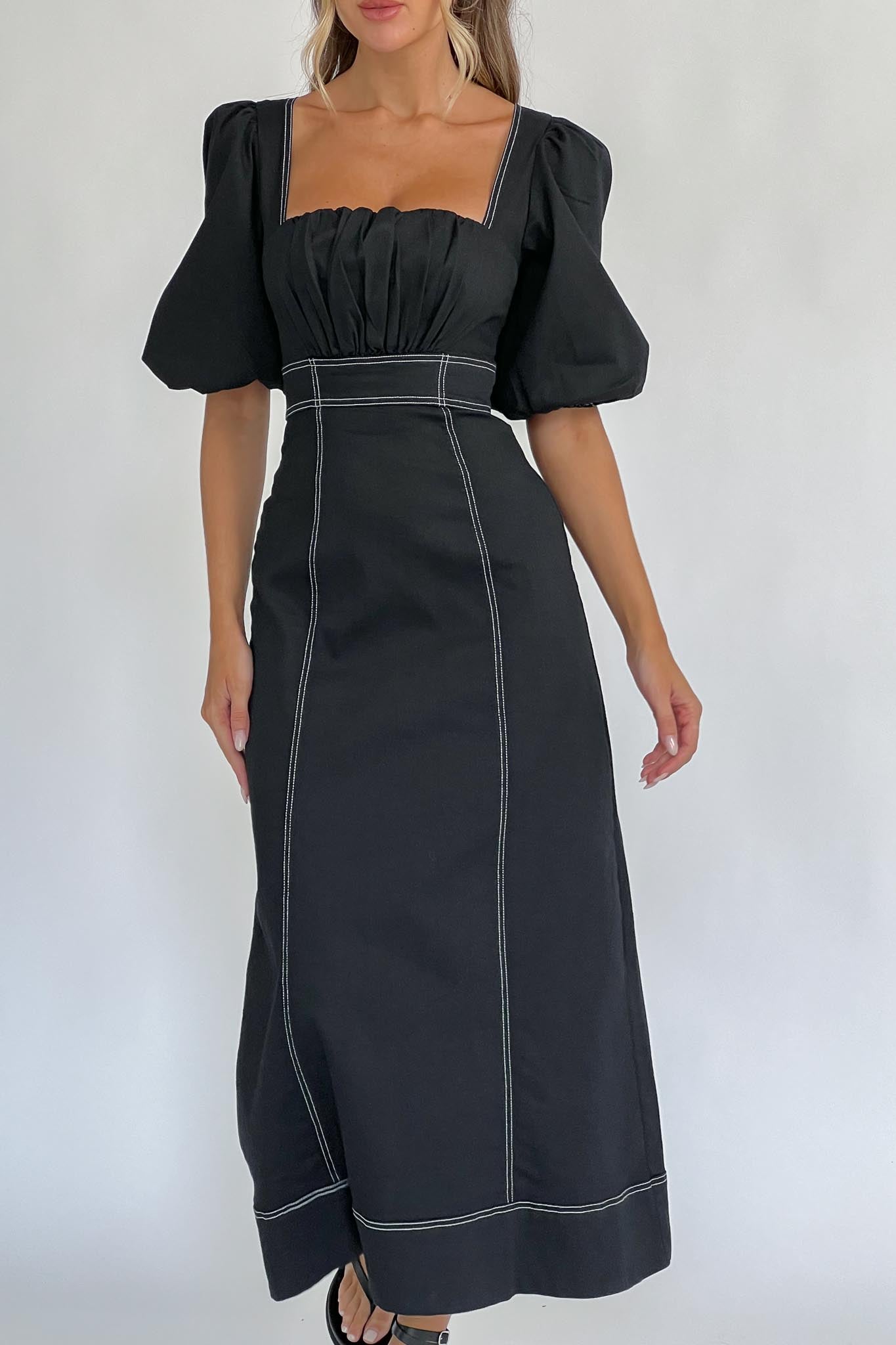 Sibille Puff Sleeve Contrast Stitch Dress Black by Selfie Leslie
