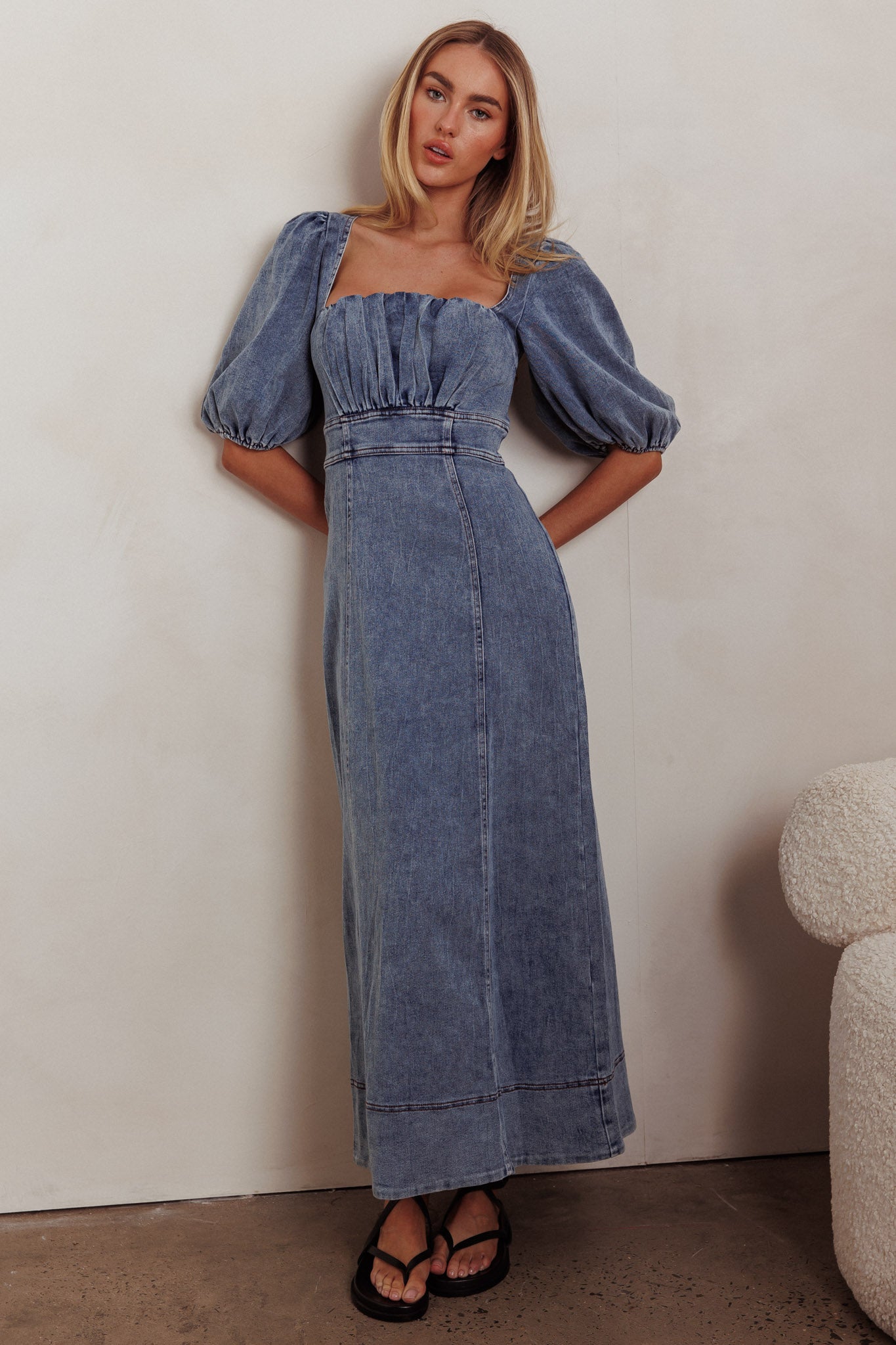 Sibille Puff Sleeve Maxi Dress Denim Blue M