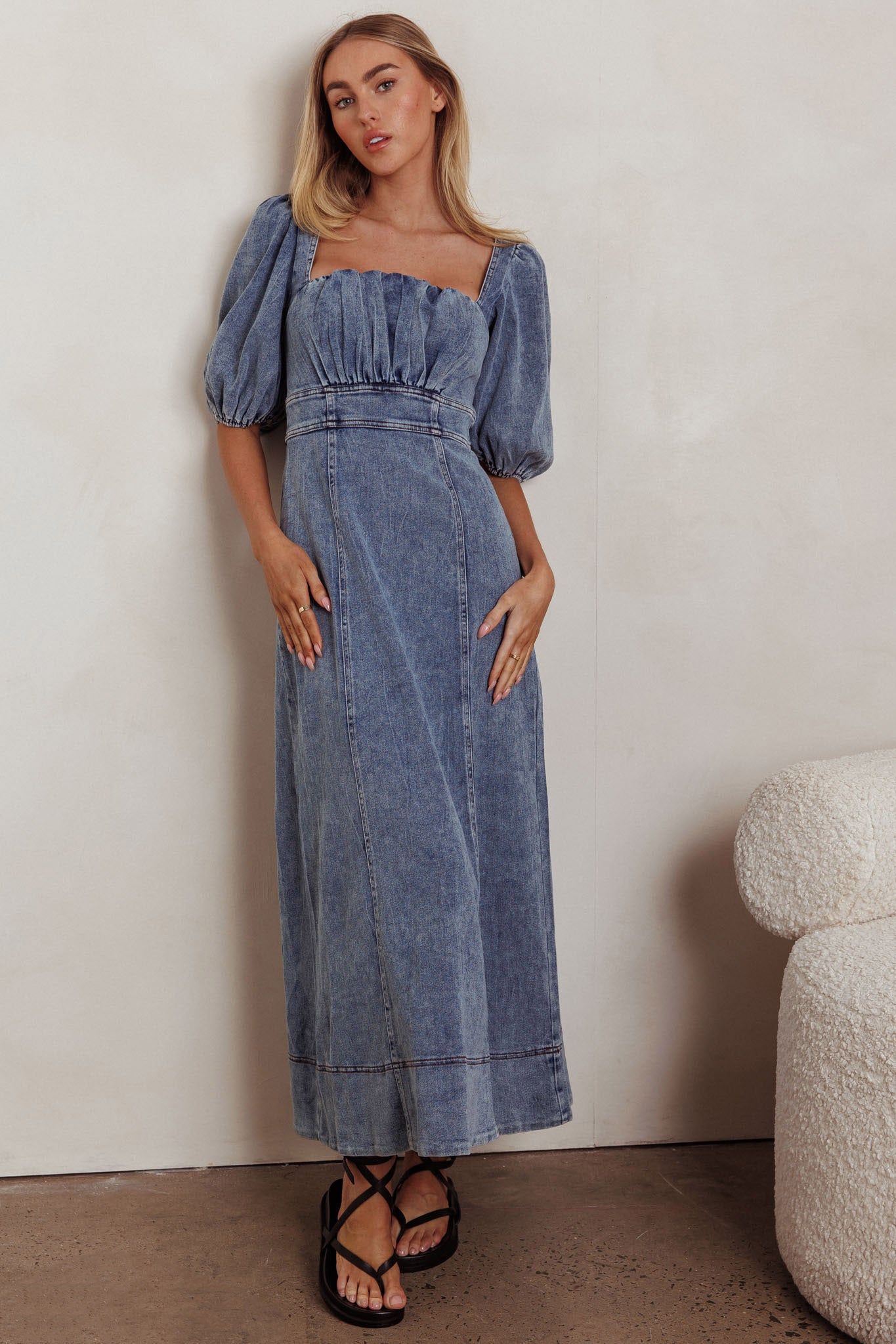 Sibille Puff Sleeve Maxi Dress Denim Blue | Selfie Leslie