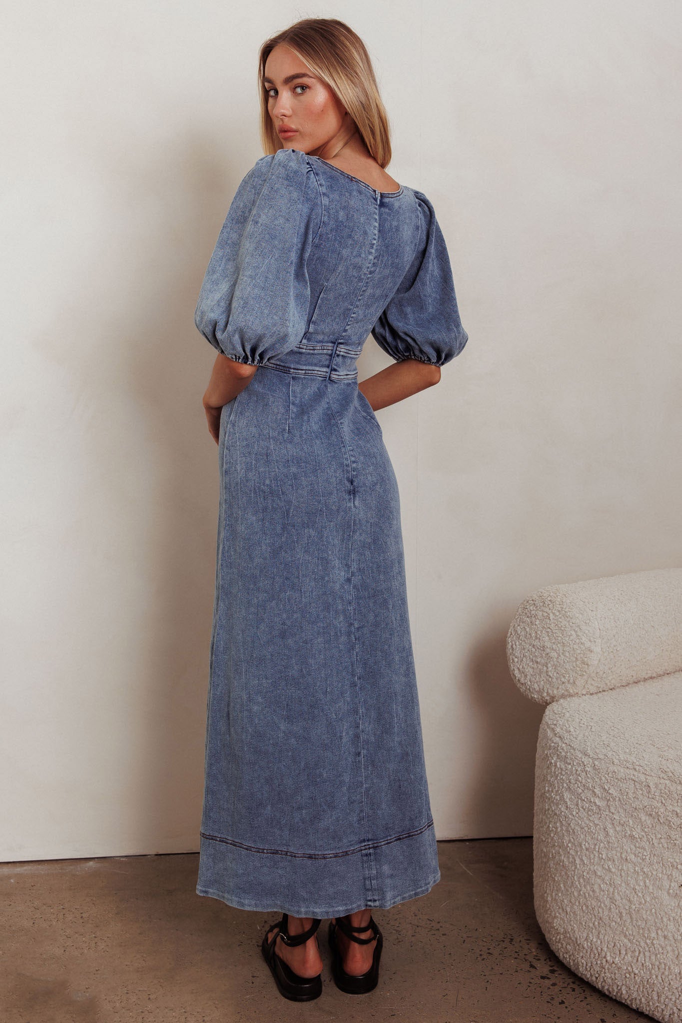 Sibille Puff Sleeve Maxi Dress Denim Blue | Selfie Leslie