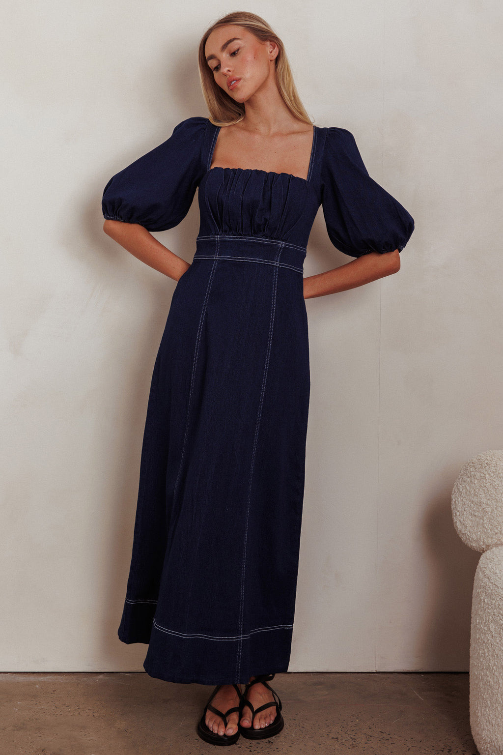 Sibille Puff Sleeve Maxi Dress Denim Indigo by Selfie Leslie