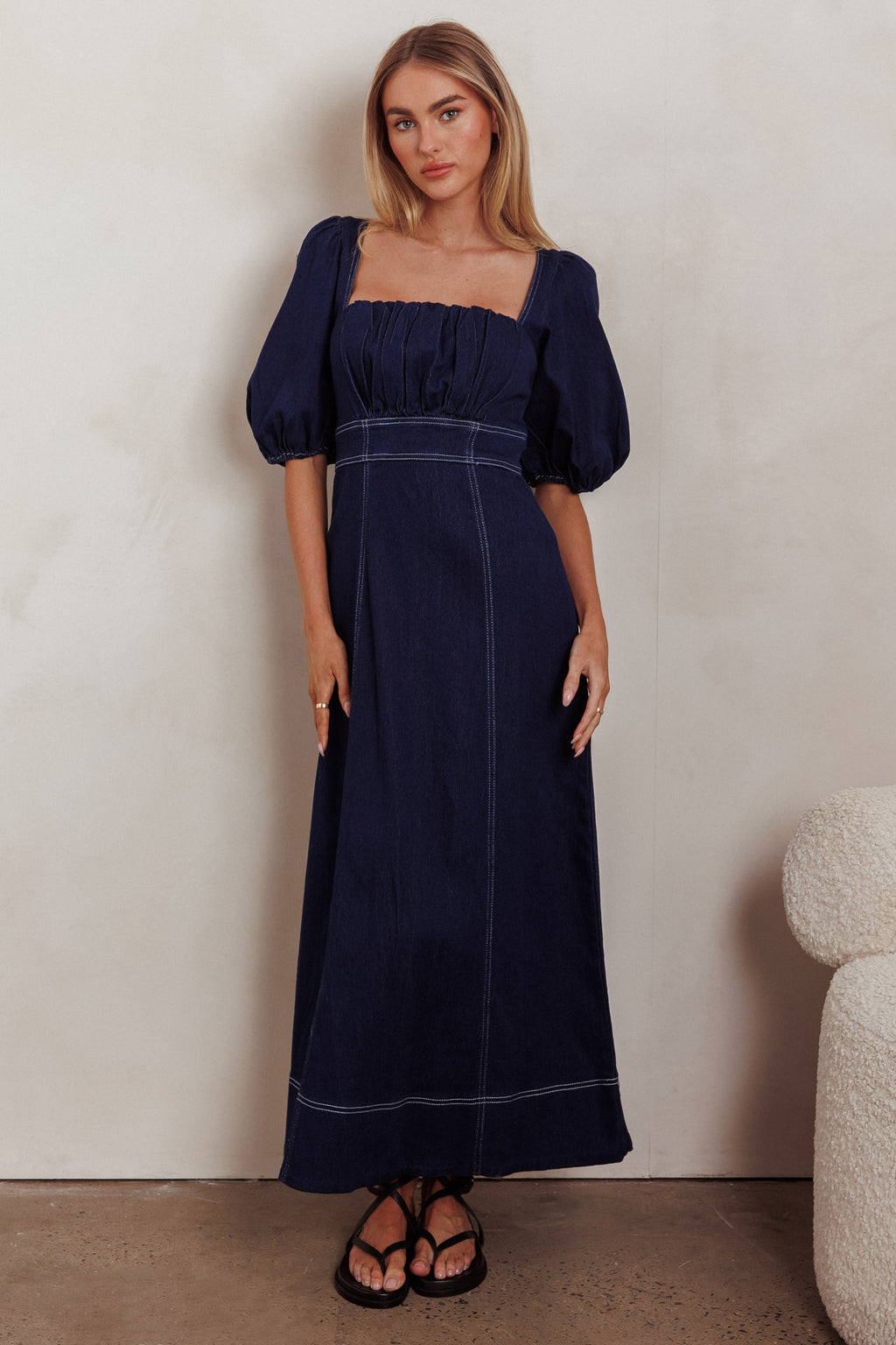 Sibille Puff Sleeve Maxi Dress Denim Indigo by Selfie Leslie
