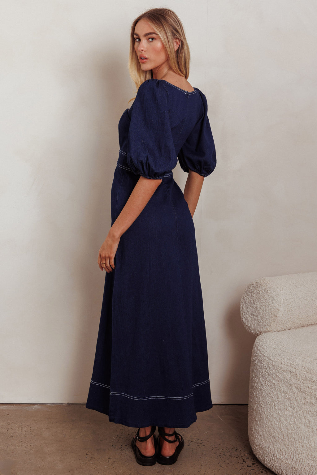 Sibille Puff Sleeve Maxi Dress Denim Indigo by Selfie Leslie