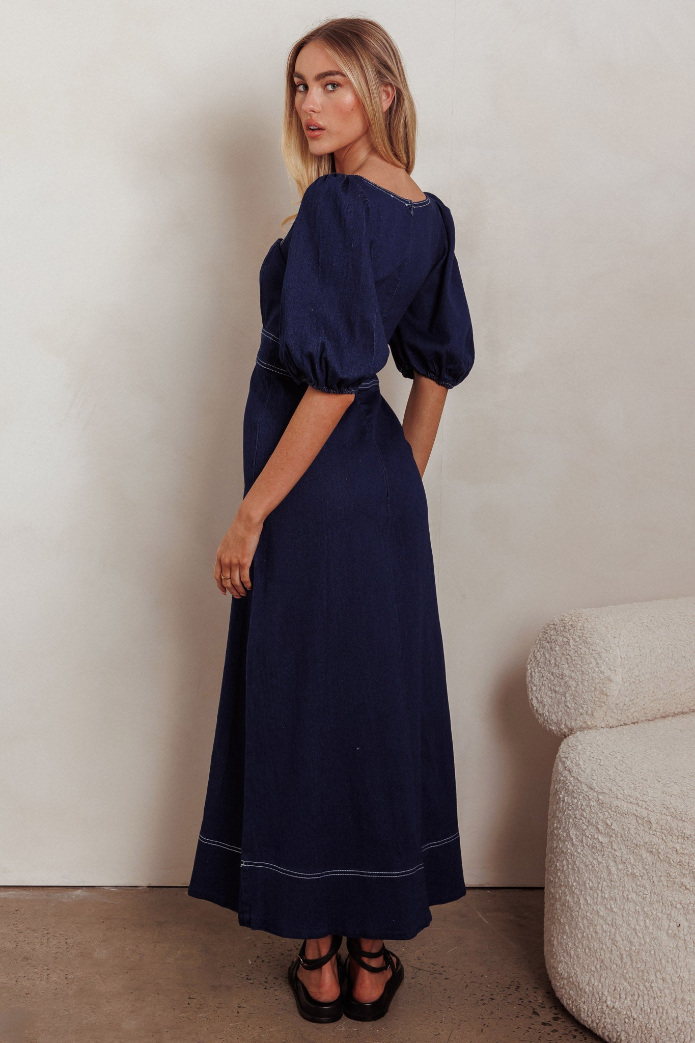 Sibille Puff Sleeve Maxi Dress Denim Indigo by Selfie Leslie