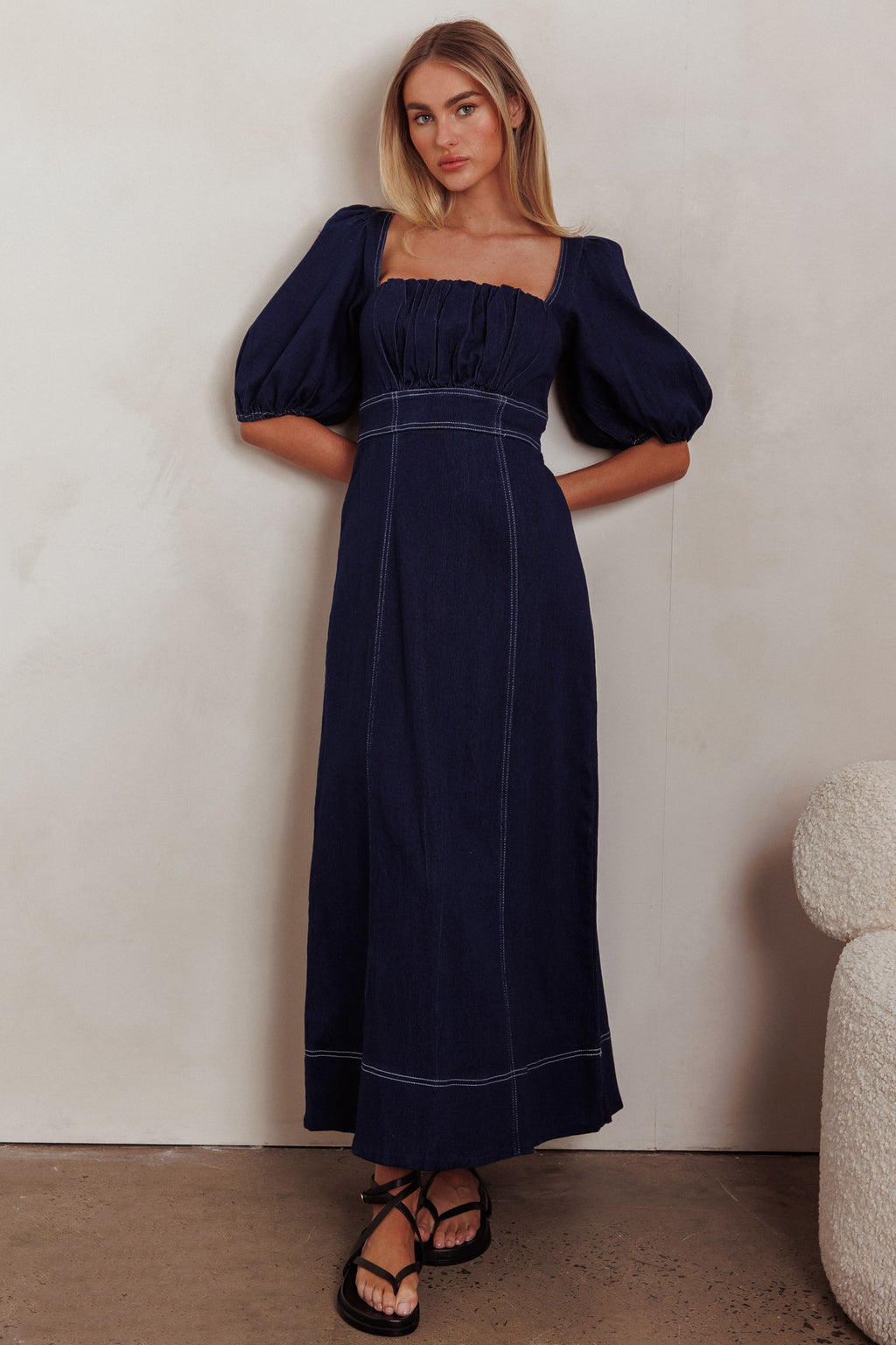 Sibille Puff Sleeve Maxi Dress Denim Indigo by Selfie Leslie