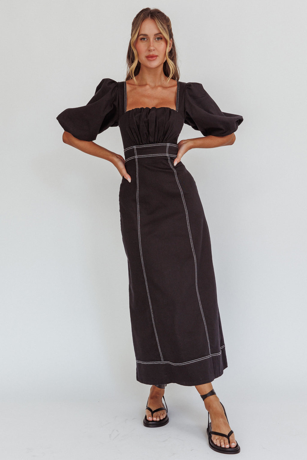 Sibille Puff Sleeve Contrast Stitch Dress Black by Selfie Leslie
