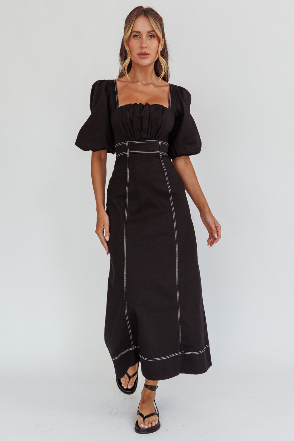 Sibille Puff Sleeve Contrast Stitch Dress Black by Selfie Leslie