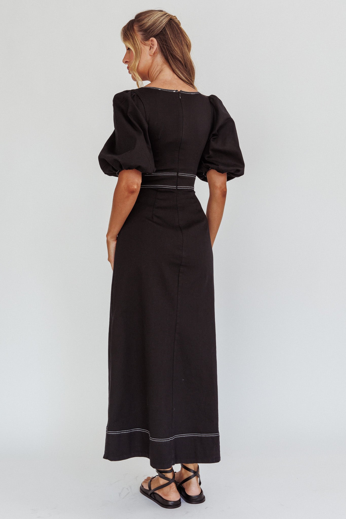 Sibille Puff Sleeve Contrast Stitch Dress Black by Selfie Leslie