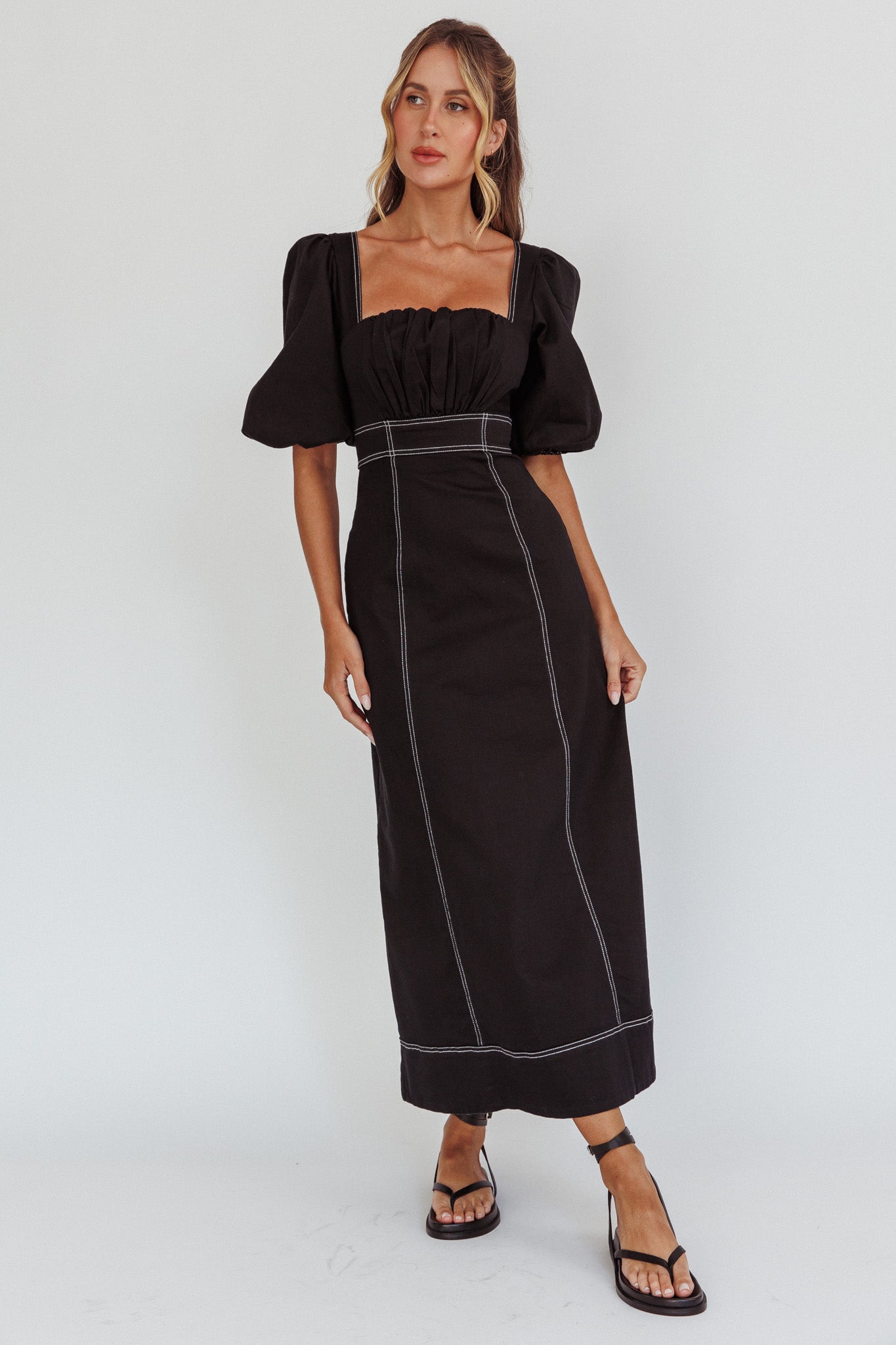 Sibille Puff Sleeve Contrast Stitch Dress Black by Selfie Leslie
