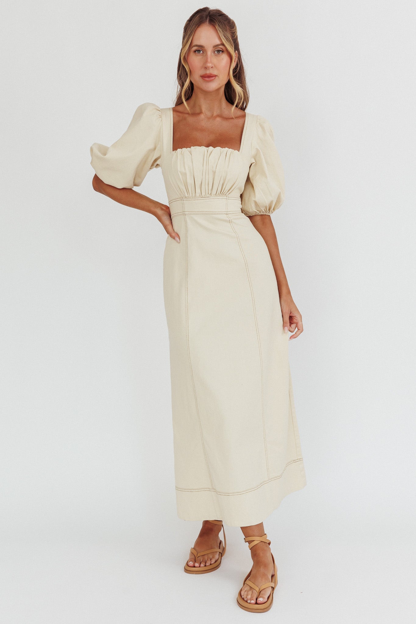 Sibille Puff Sleeve Contrast Stitch Dress Butter by Selfie Leslie