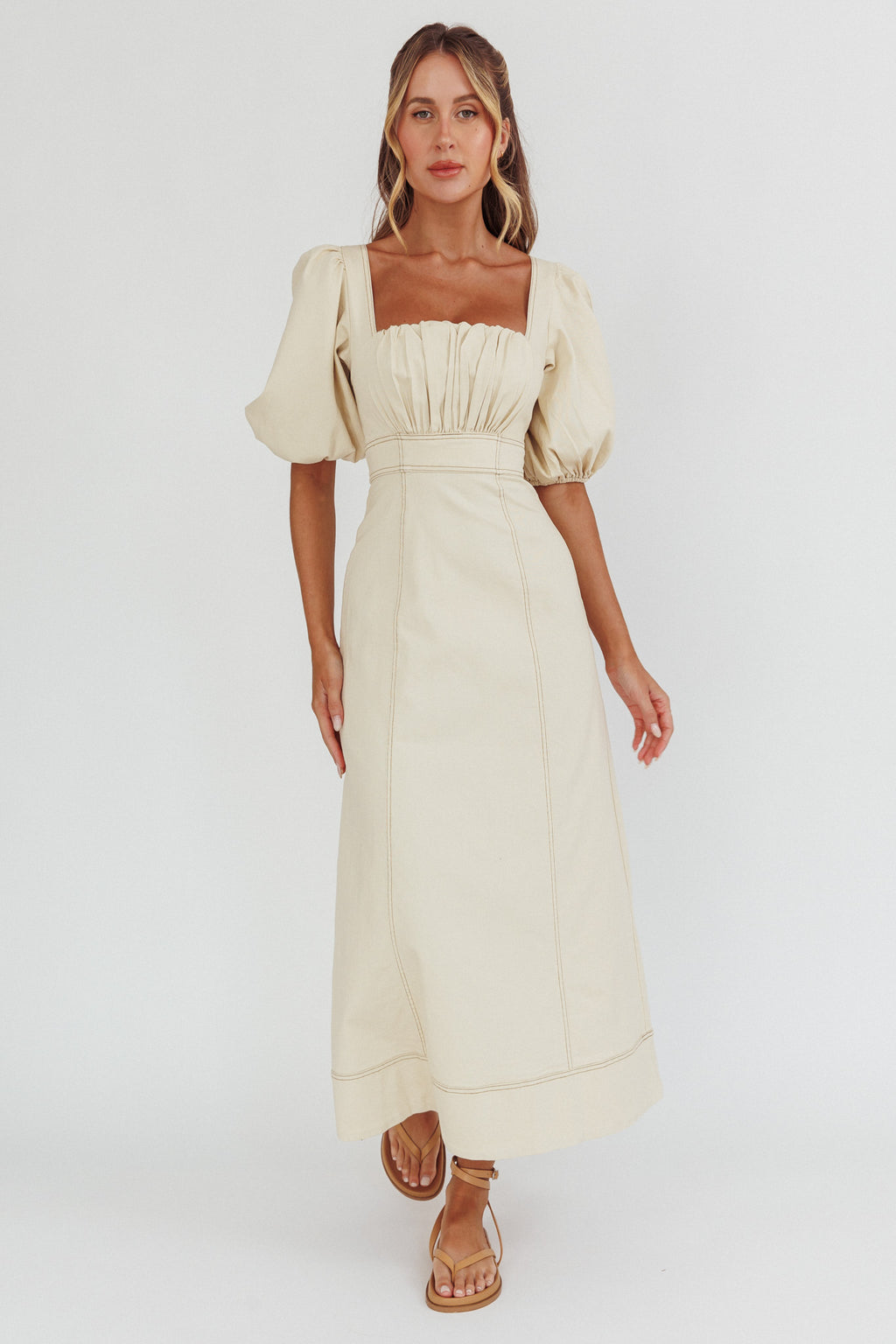 Sibille Puff Sleeve Contrast Stitch Dress Butter by Selfie Leslie