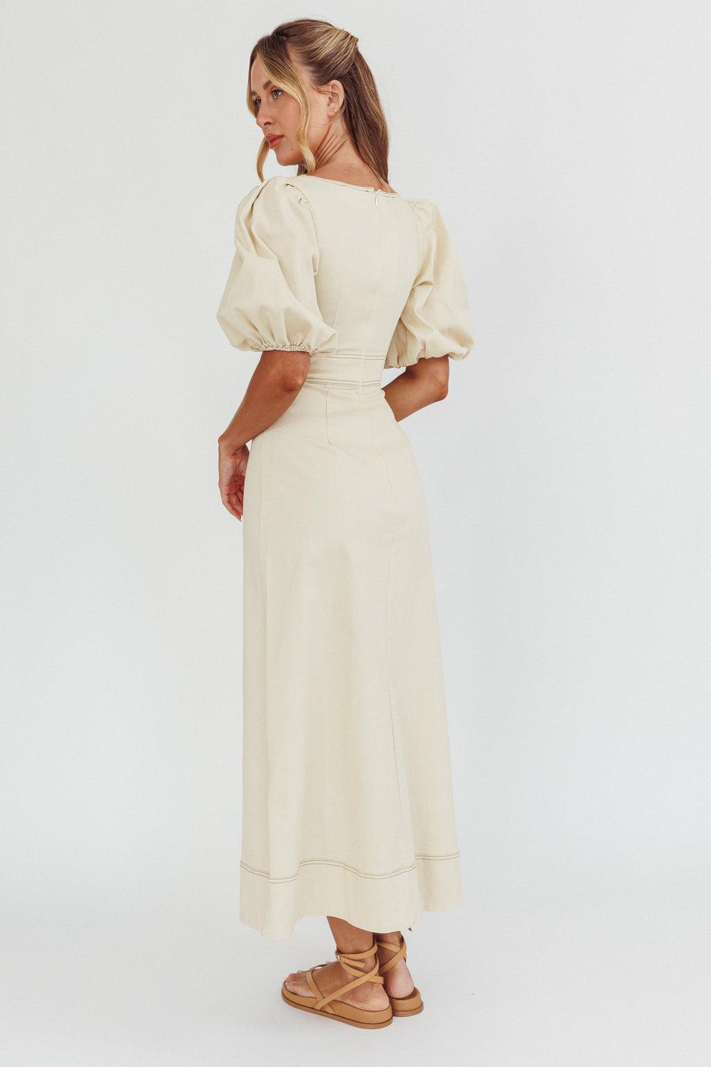 Sibille Puff Sleeve Contrast Stitch Dress Butter by Selfie Leslie