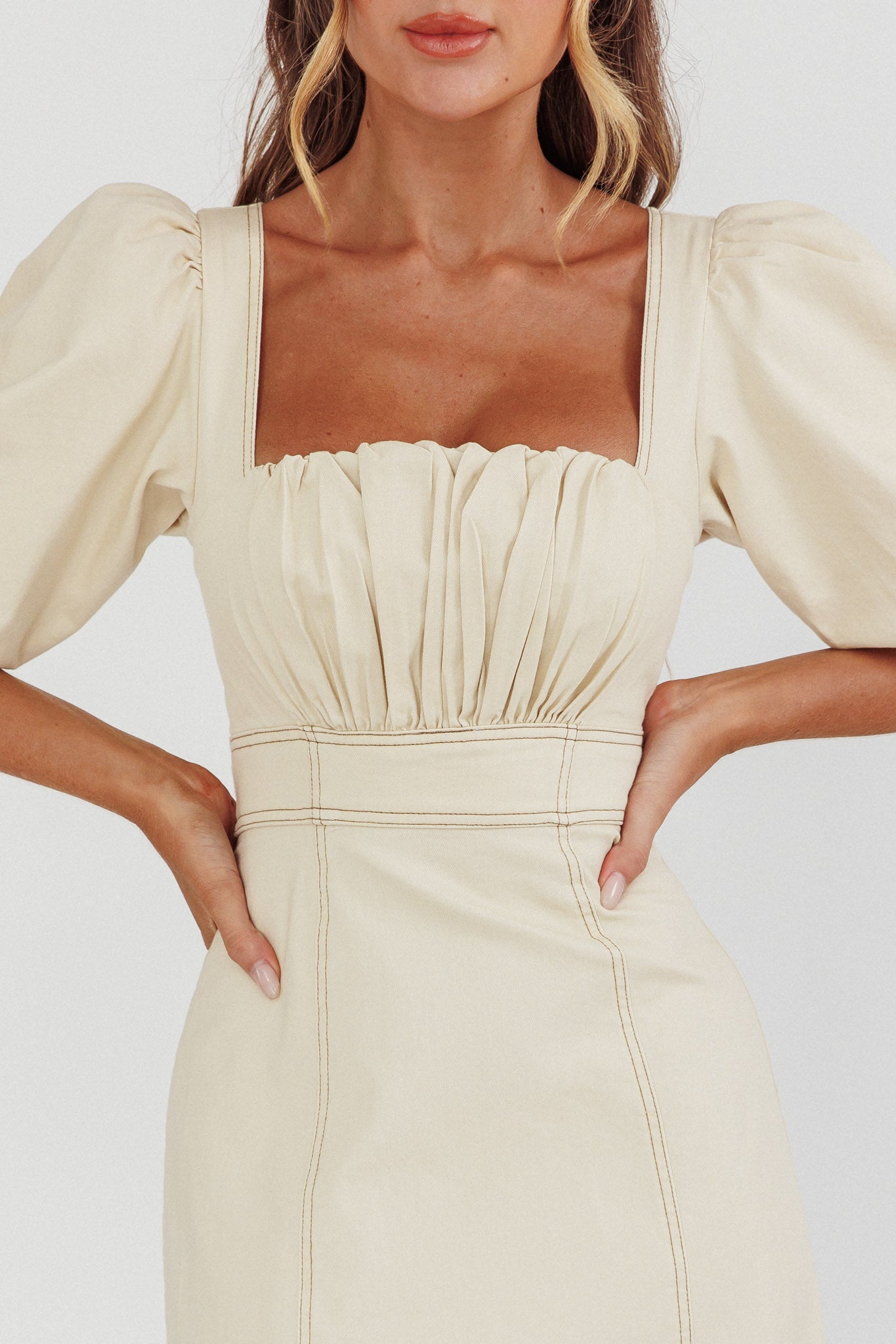 Sibille Puff Sleeve Contrast Stitch Dress Butter by Selfie Leslie