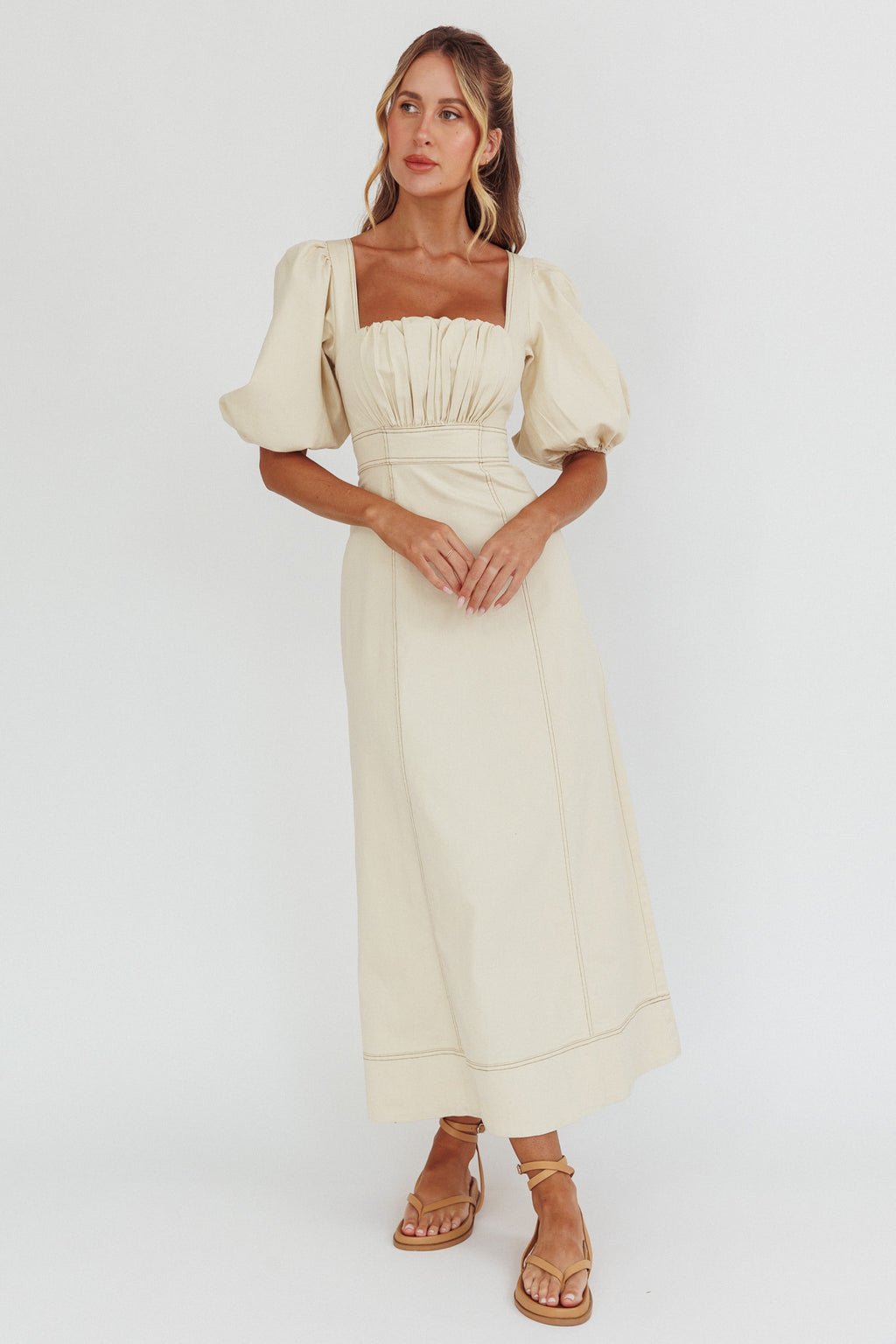 Sibille Puff Sleeve Contrast Stitch Dress Butter by Selfie Leslie