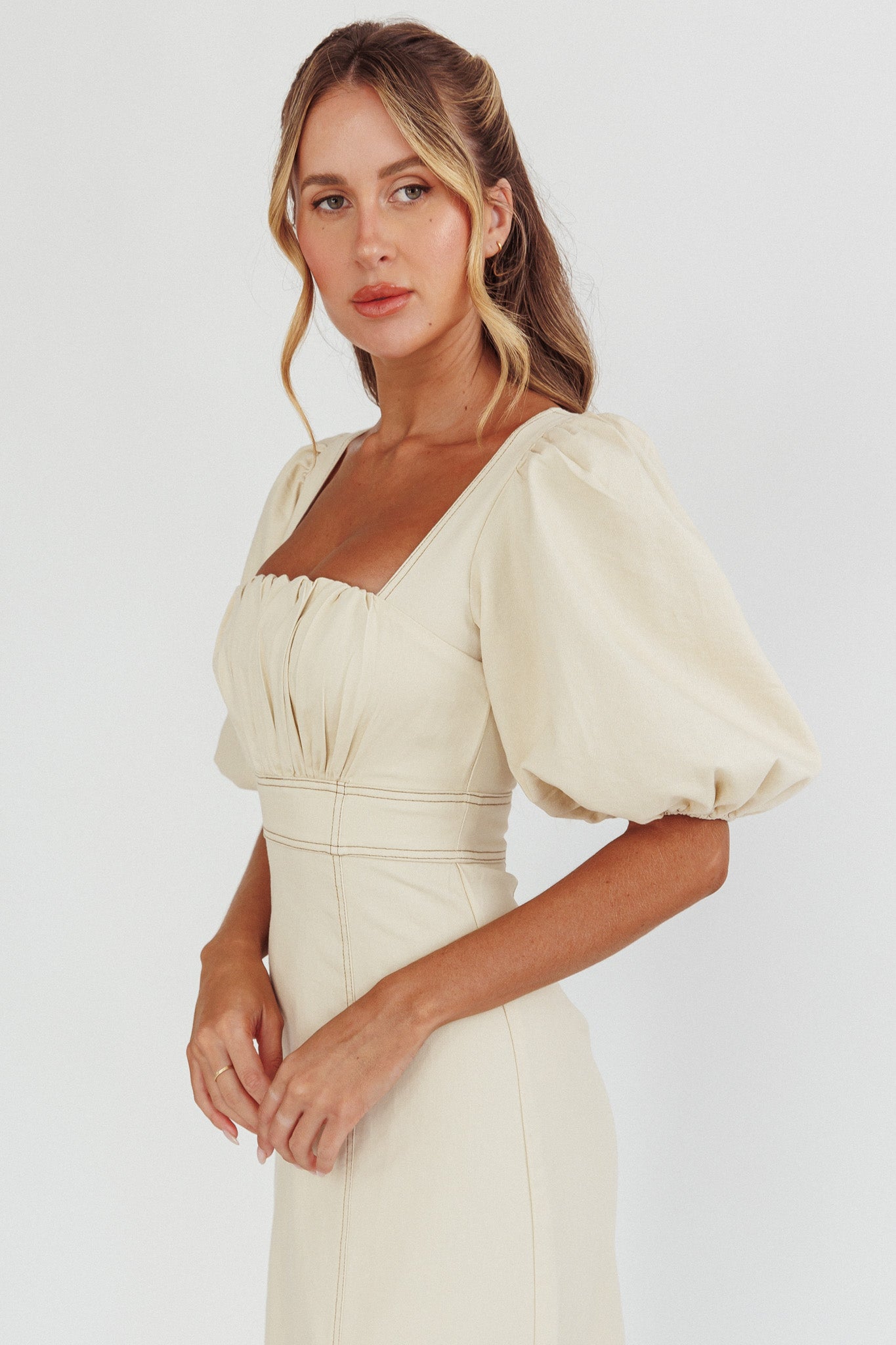 Sibille Puff Sleeve Contrast Stitch Dress Butter by Selfie Leslie