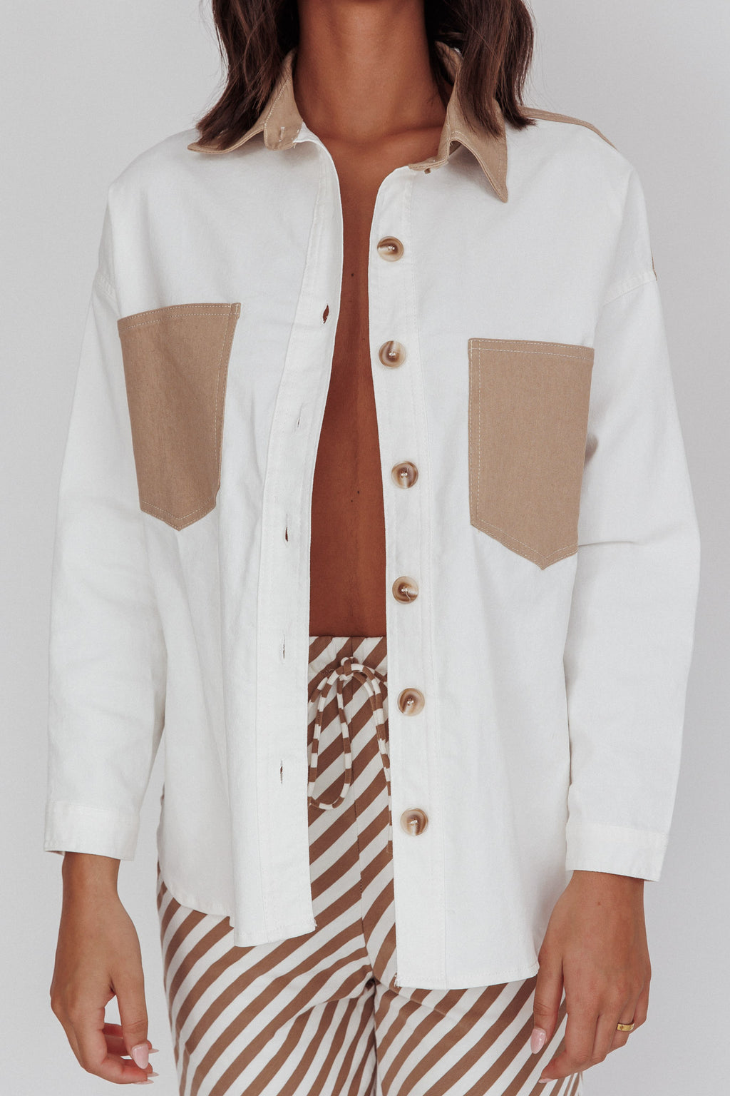 Lake Days Chest Pocket Shirt White Beige by Selfie Leslie