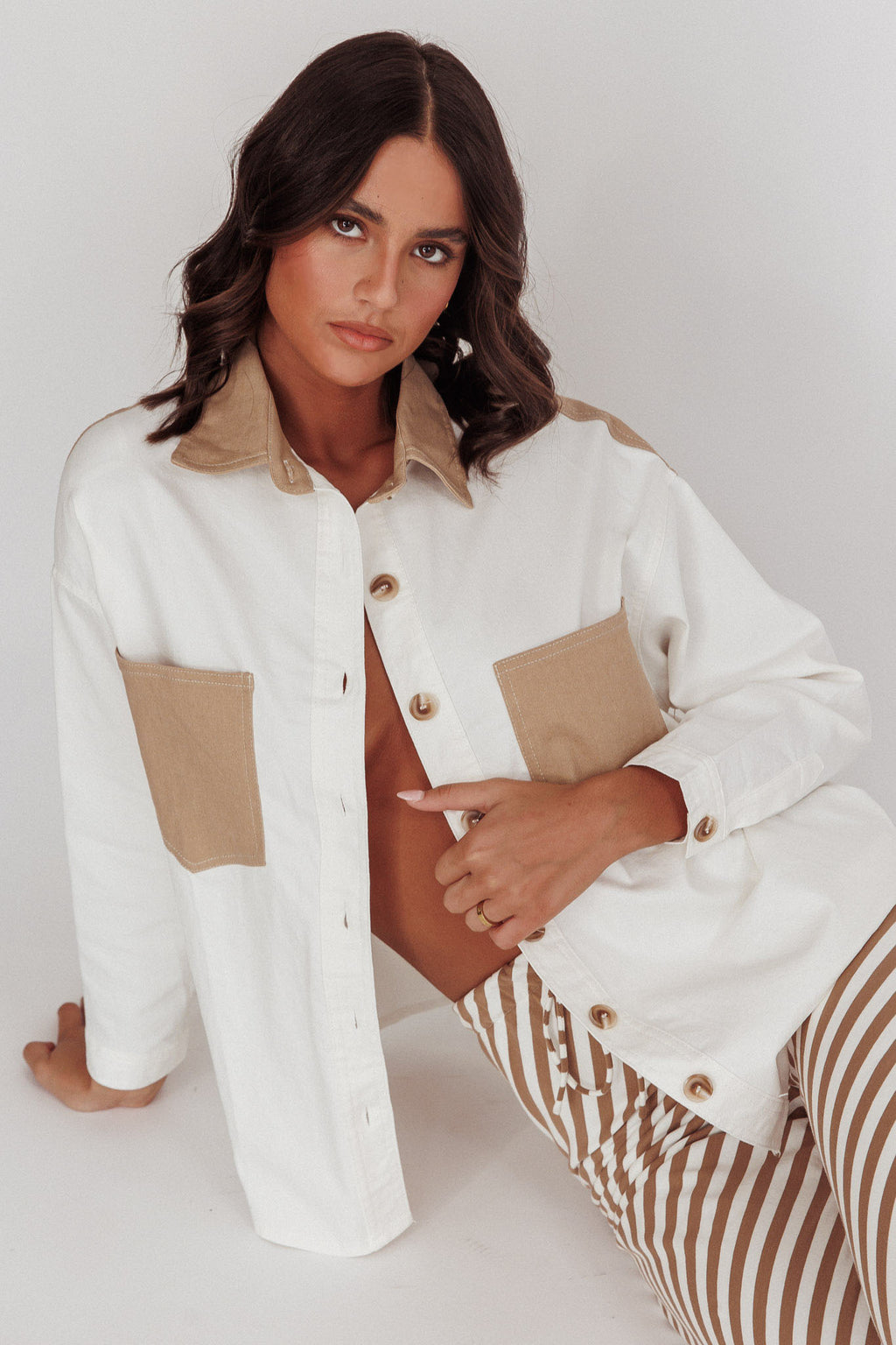Lake Days Chest Pocket Shirt White Beige by Selfie Leslie
