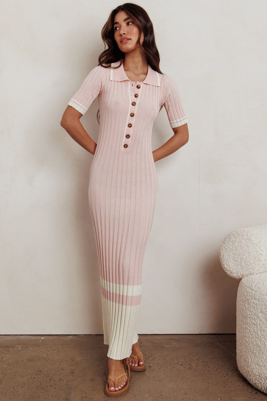 Cayla Button-Up Ribbed Knit Dress Pink by Selfie Leslie