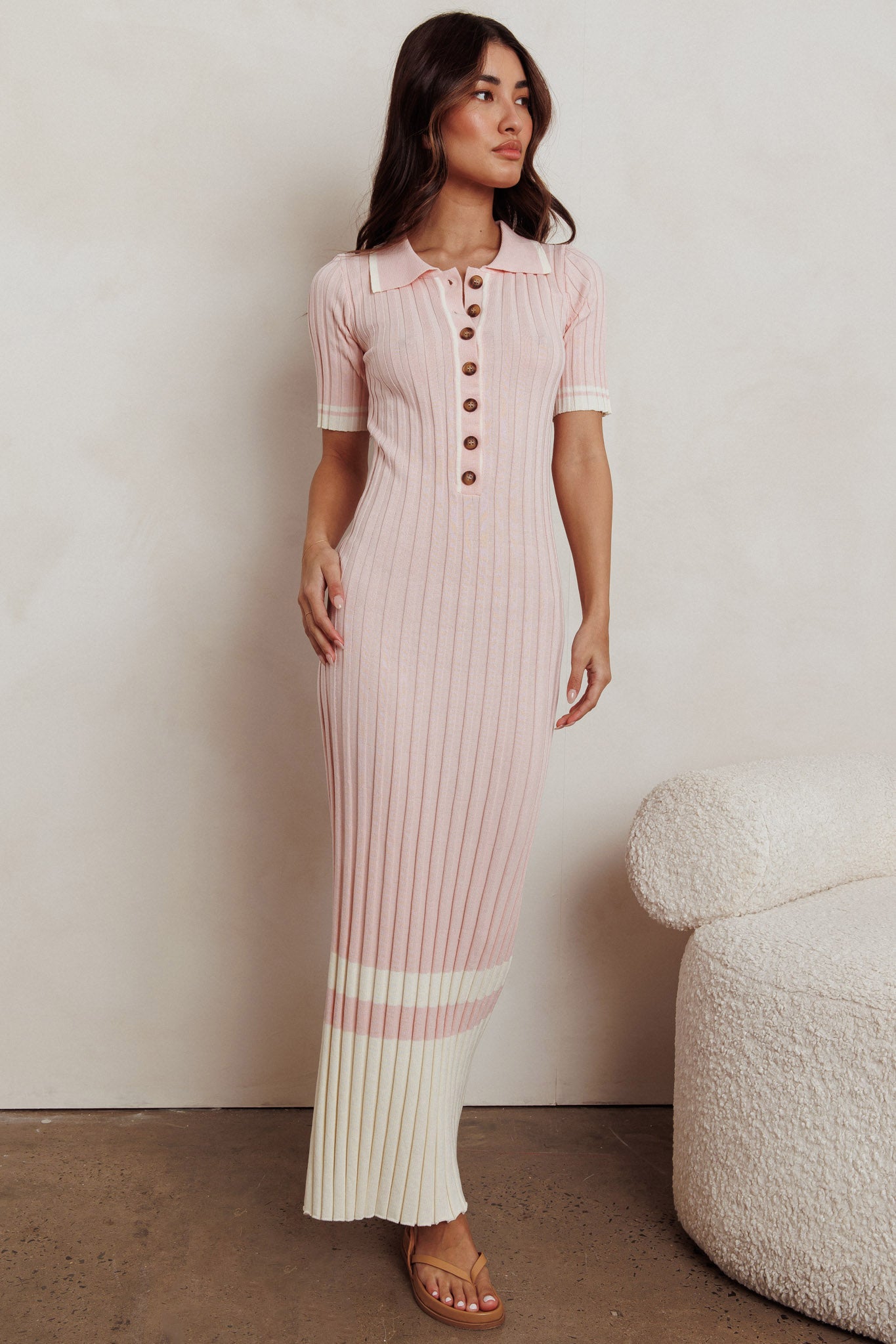 Cayla Button-Up Ribbed Knit Dress Pink by Selfie Leslie