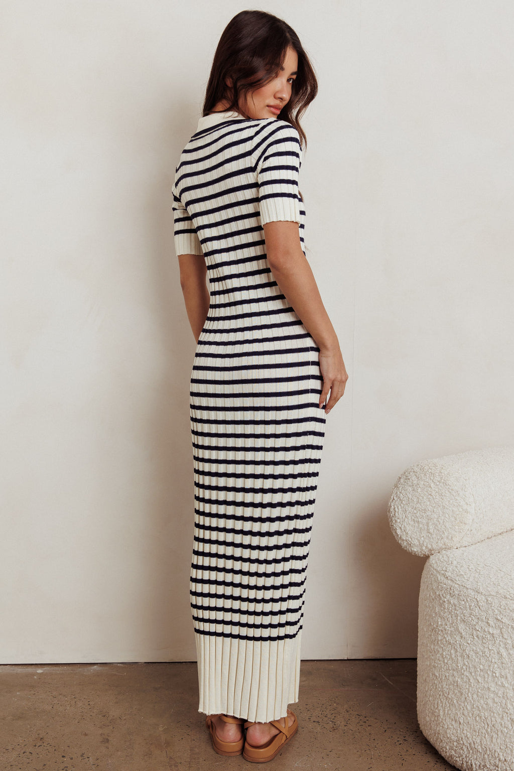Cayla Button-Up Ribbed Knit Dress Cream Navy by Selfie Leslie