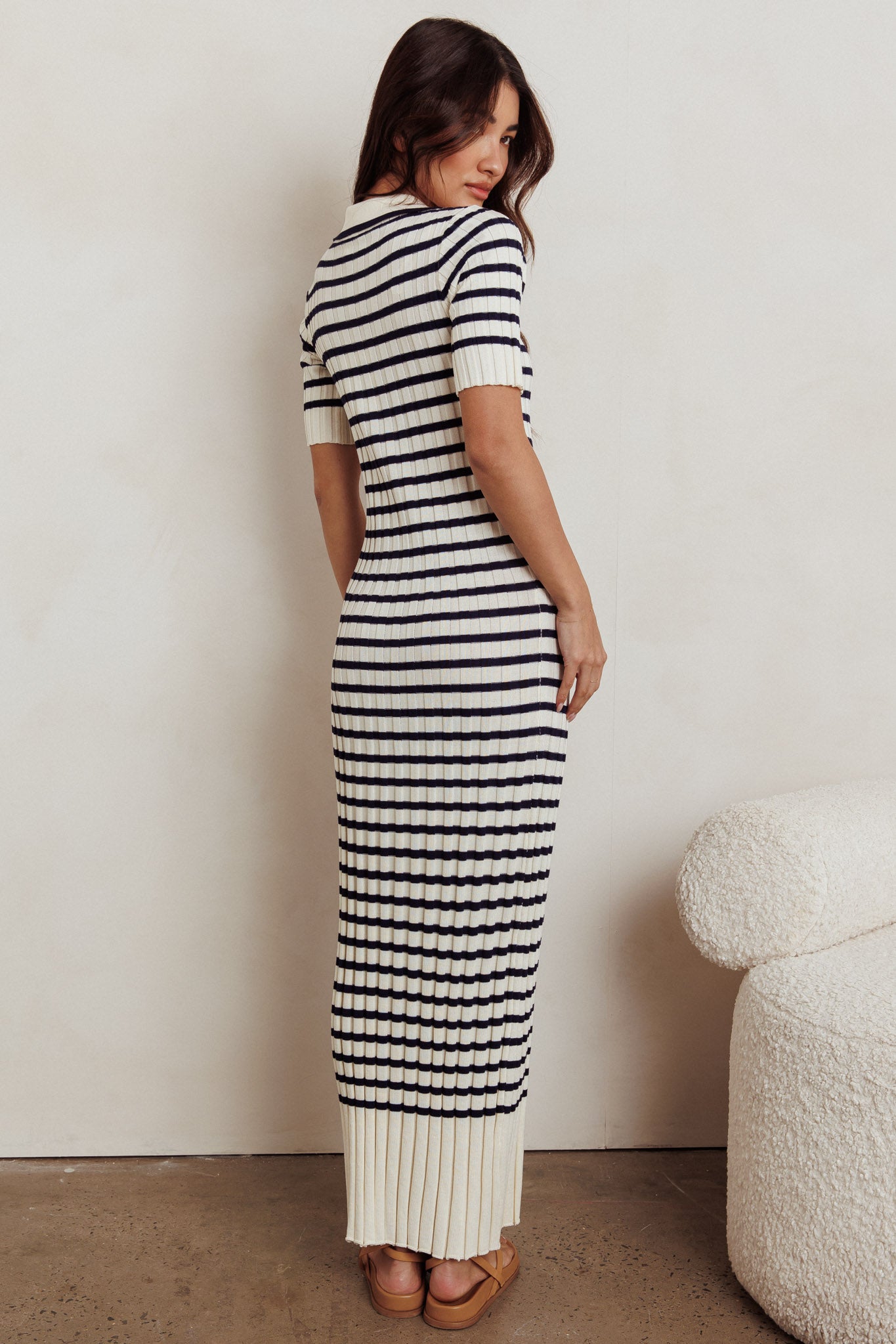 Cayla Button-Up Ribbed Knit Dress Cream Navy by Selfie Leslie