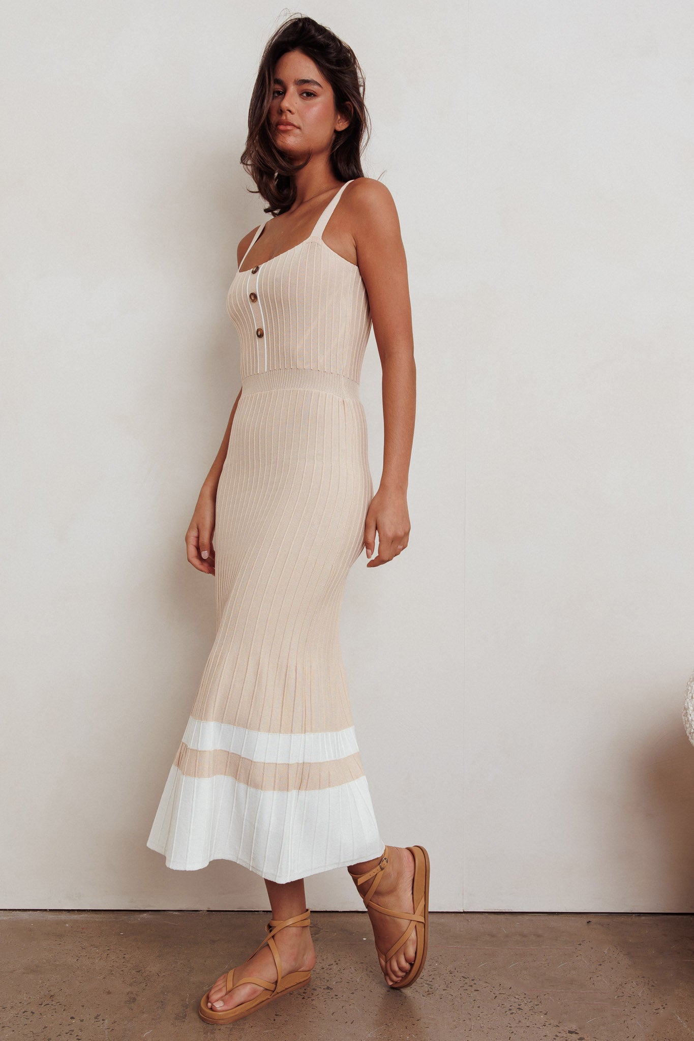 Cayla Contrast Ribbed Knit Maxi Dress Sand by Selfie Leslie