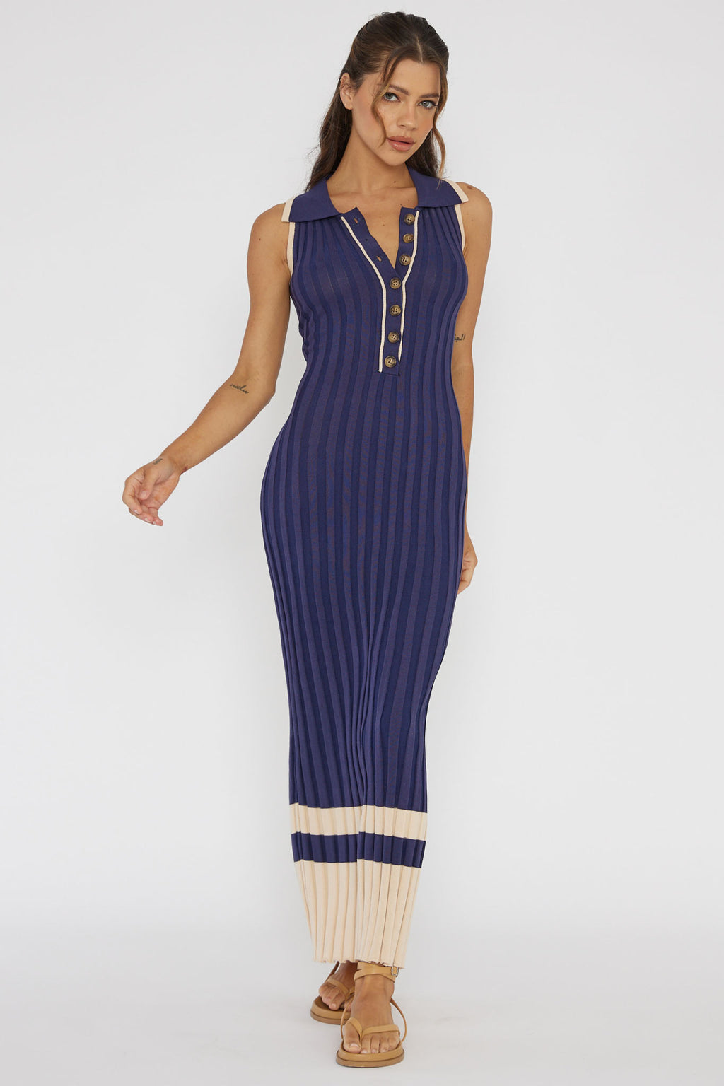 Cayla Button-Up Ribbed Knit Dress Navy by Selfie Leslie