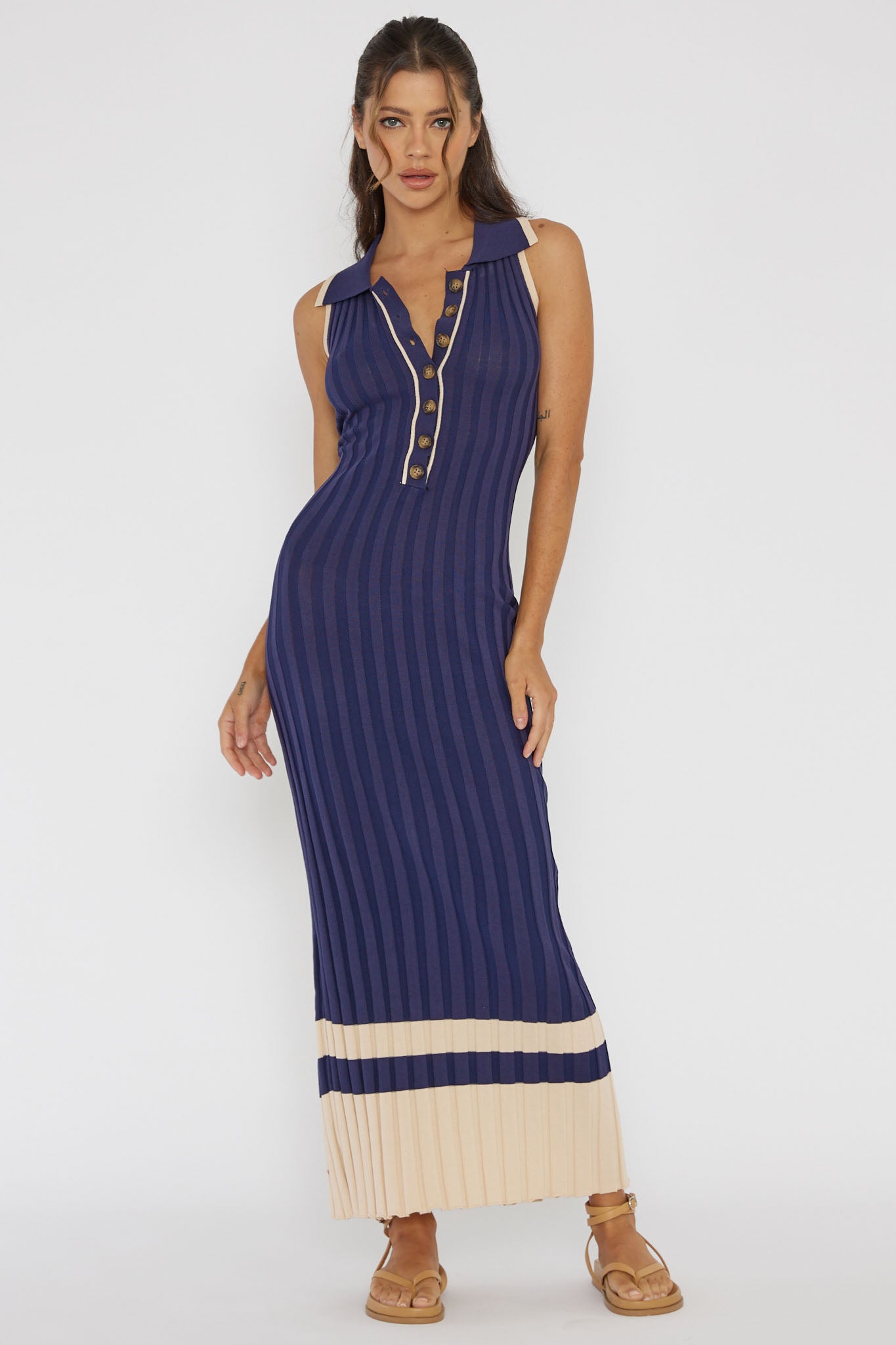 Cayla Button-Up Ribbed Knit Dress Navy by Selfie Leslie