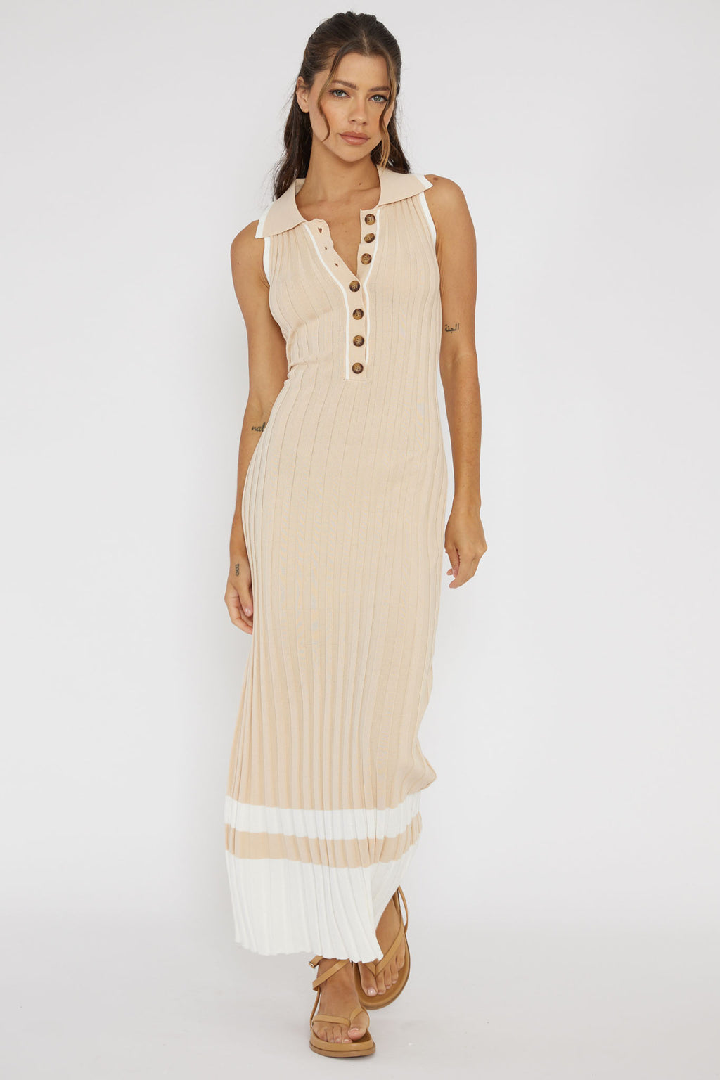Cayla Button-Up Ribbed Knit Dress Sand by Selfie Leslie