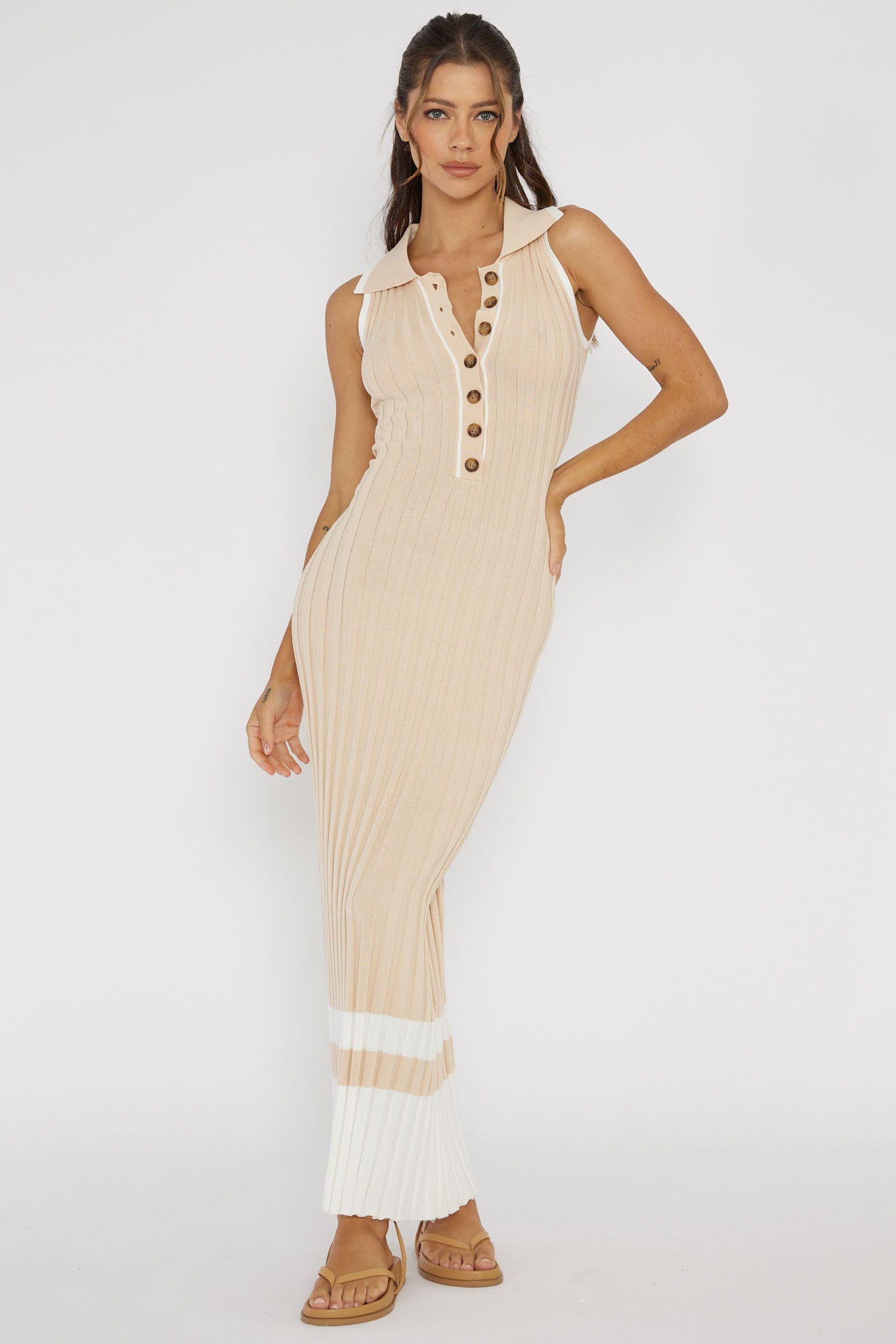 Cayla Button-Up Ribbed Knit Dress Sand by Selfie Leslie