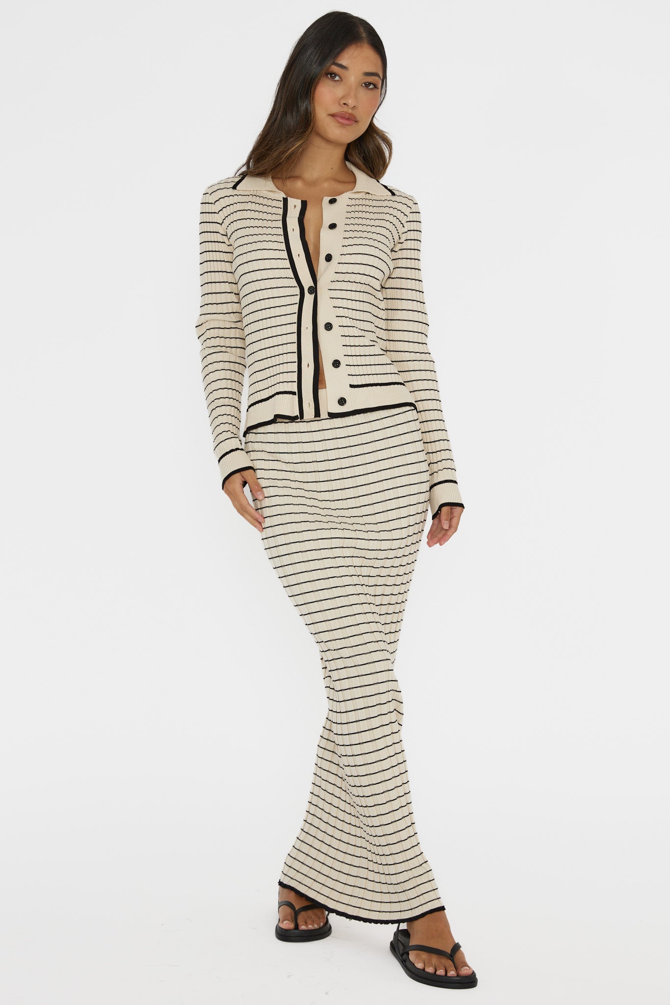 Solar Flare Ribbed Knit Maxi Skirt Stripe Oat by Selfie Leslie