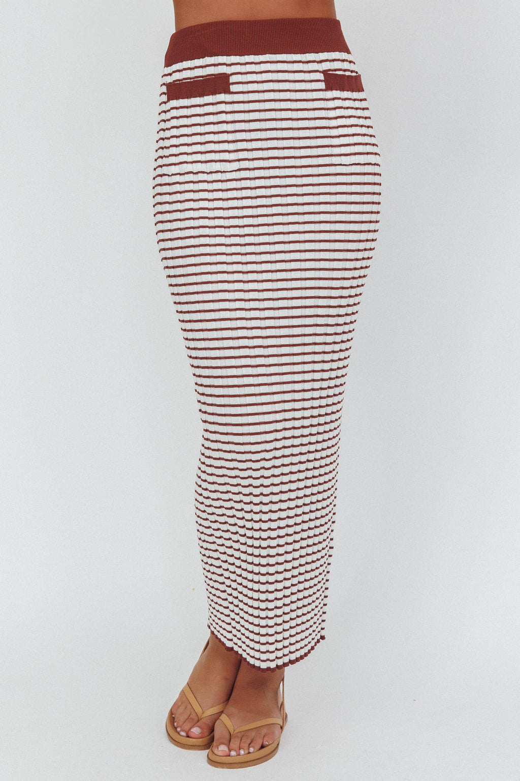 Solar Flare Knit Pocket Maxi Skirt Stripe Brown/Oat by Selfie Leslie