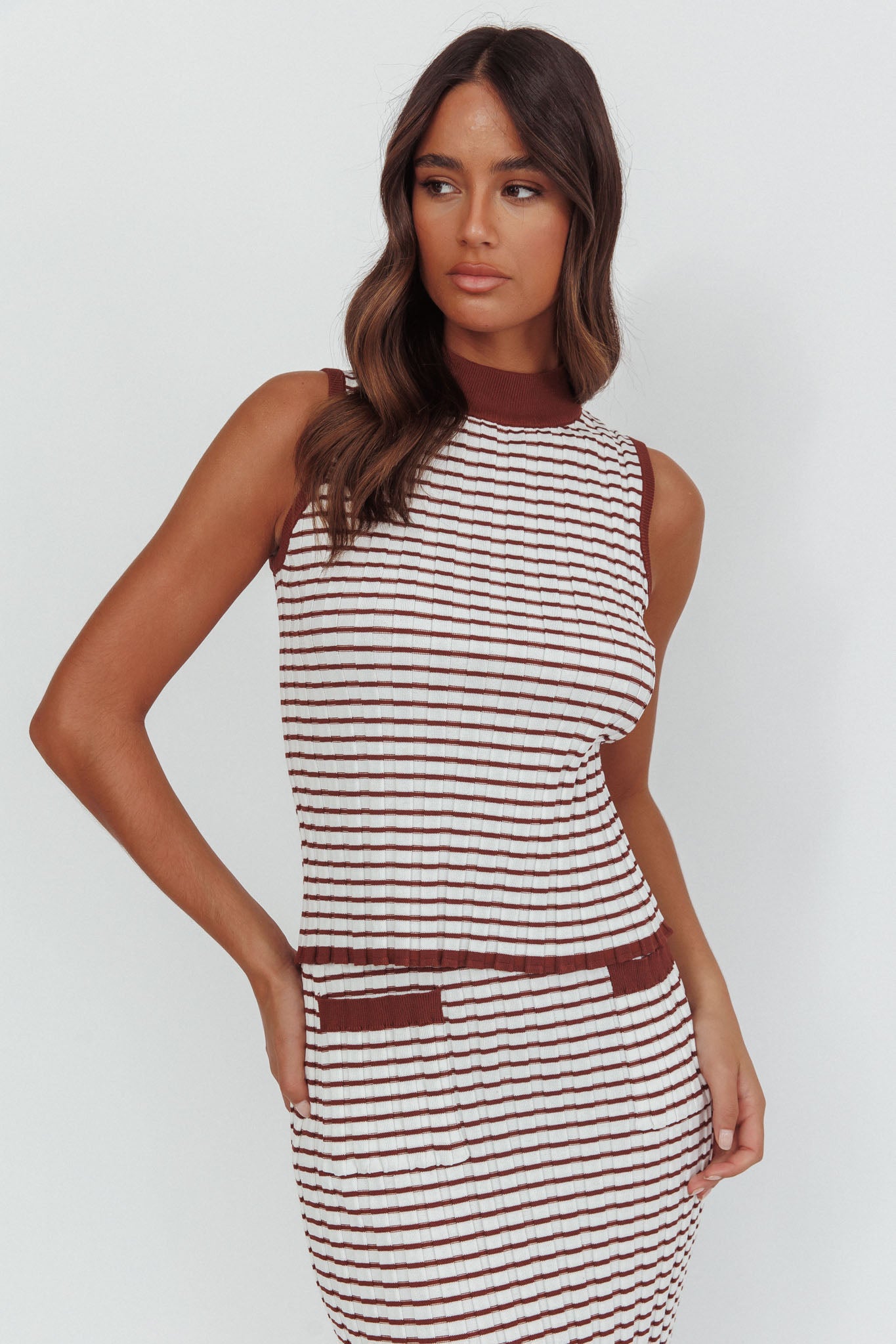 Solar Flare Sleeveless Mock Neck Top Stripe Brown/White by Selfie Leslie