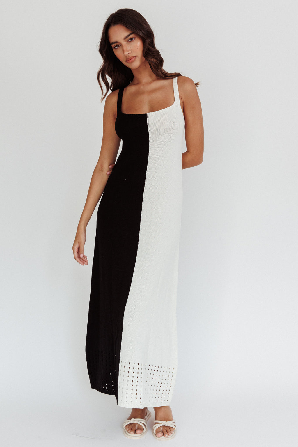 Sunday Fun Day Knit Maxi Dress Black Cream by Selfie Leslie