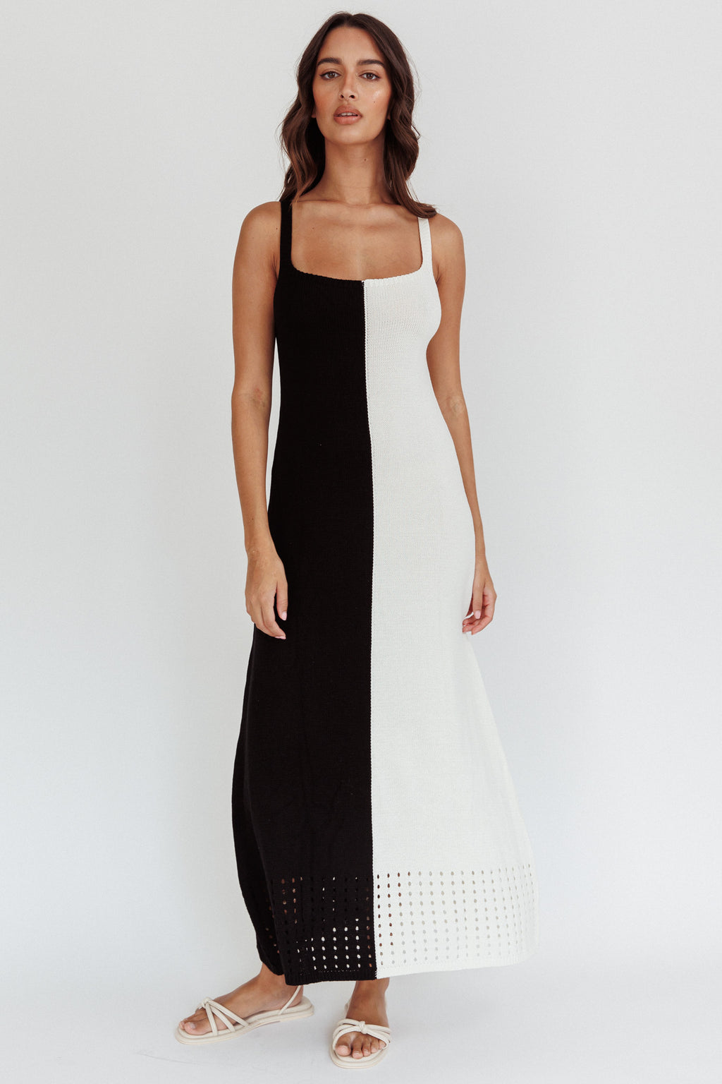 Sunday Fun Day Knit Maxi Dress Black Cream by Selfie Leslie