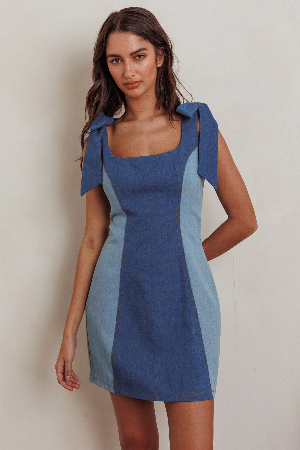 Kiss City Tied Shoulders Contrast Mini Dress Denim by Selfie Leslie