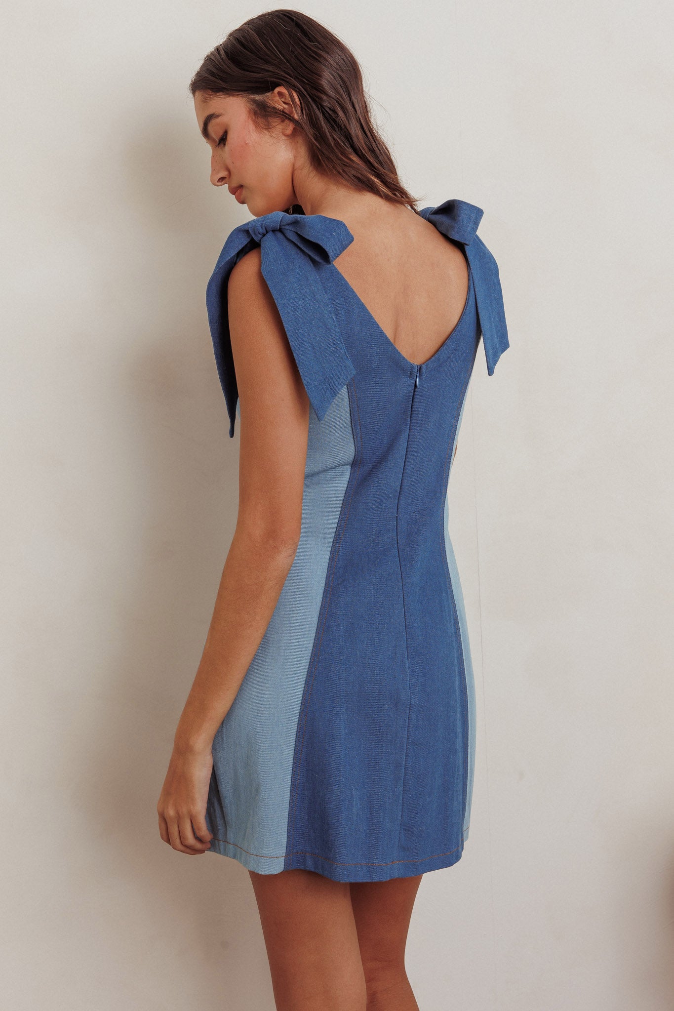 Kiss City Tied Shoulders Contrast Mini Dress Denim by Selfie Leslie