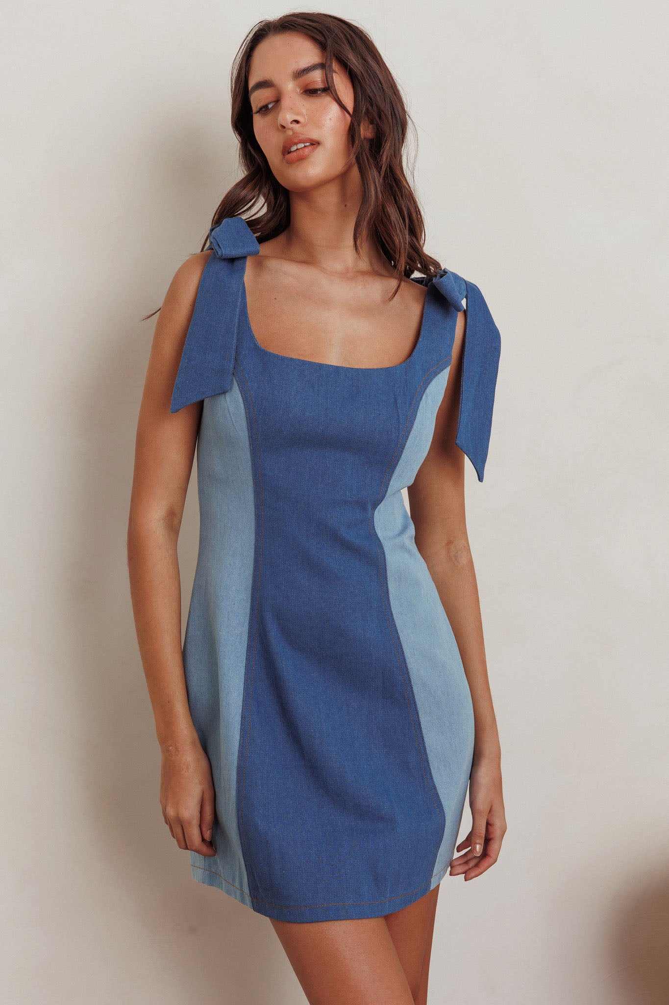 Kiss City Tied Shoulders Contrast Mini Dress Denim by Selfie Leslie