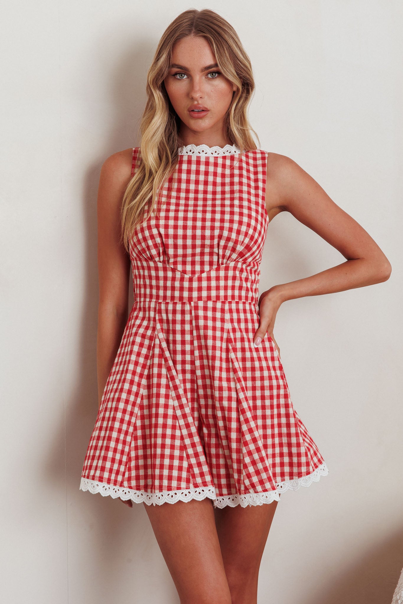Shop the Loving Me Sleeveless Romper Gingham Red