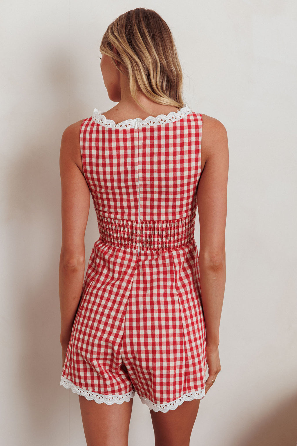 Loving Me Sleeveless Romper Gingham Red by Selfie Leslie