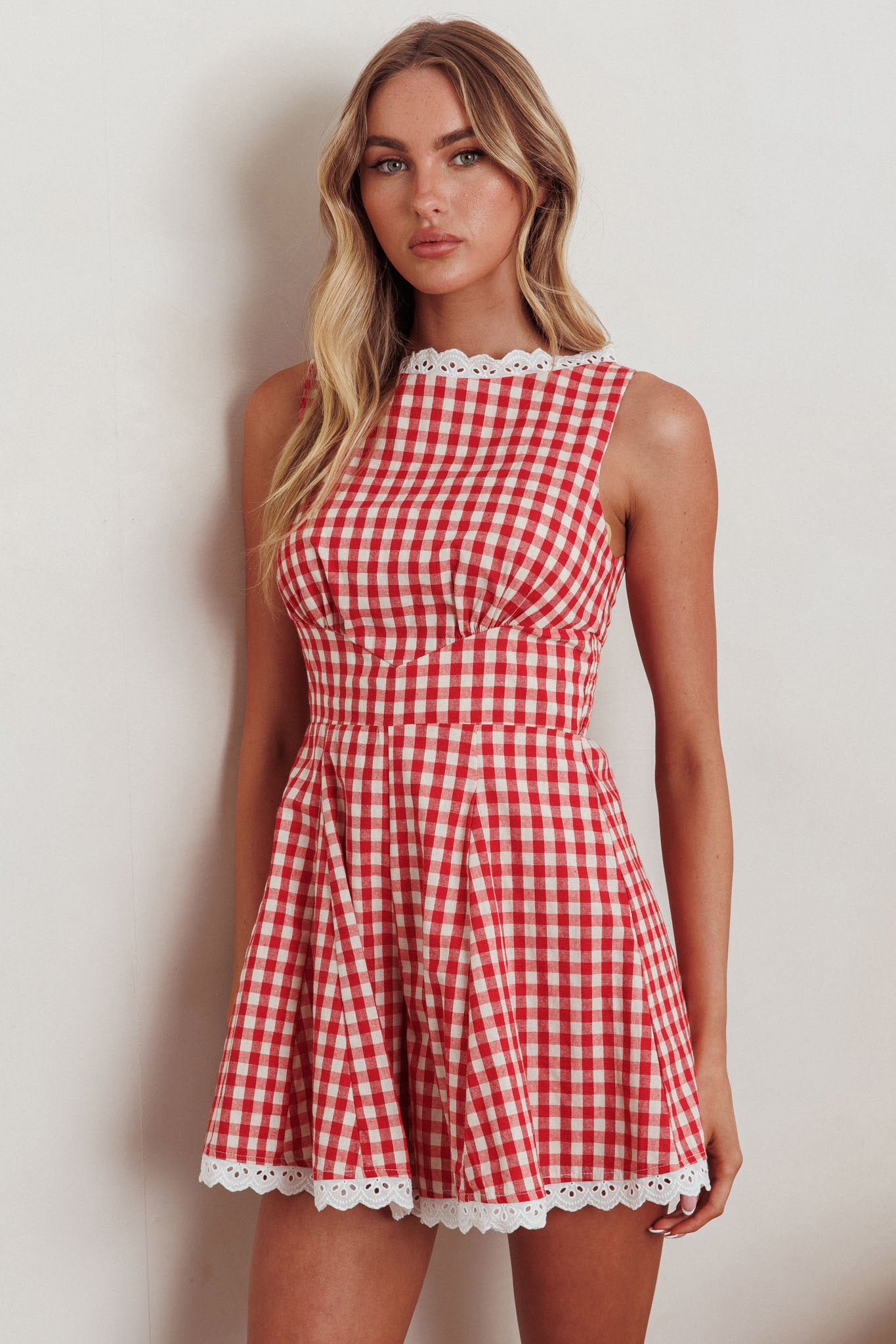 Gingham Lace Trim Sleeveless Casual Rompers, Red / S