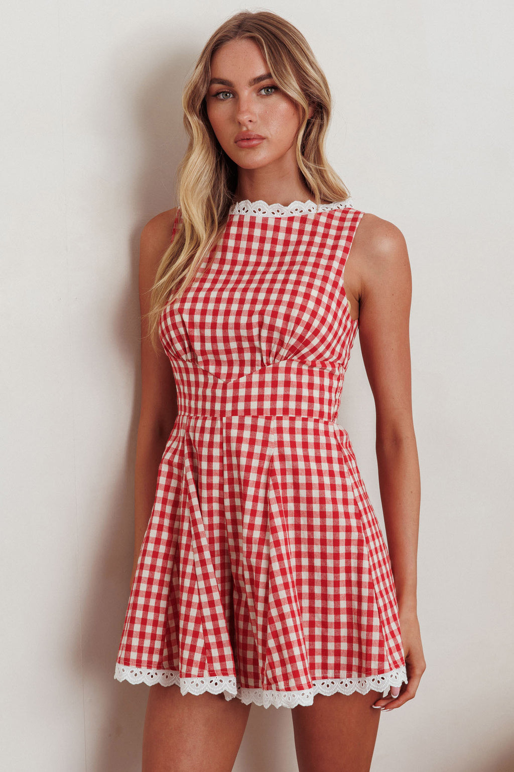 Loving Me Sleeveless Romper Gingham Red by Selfie Leslie