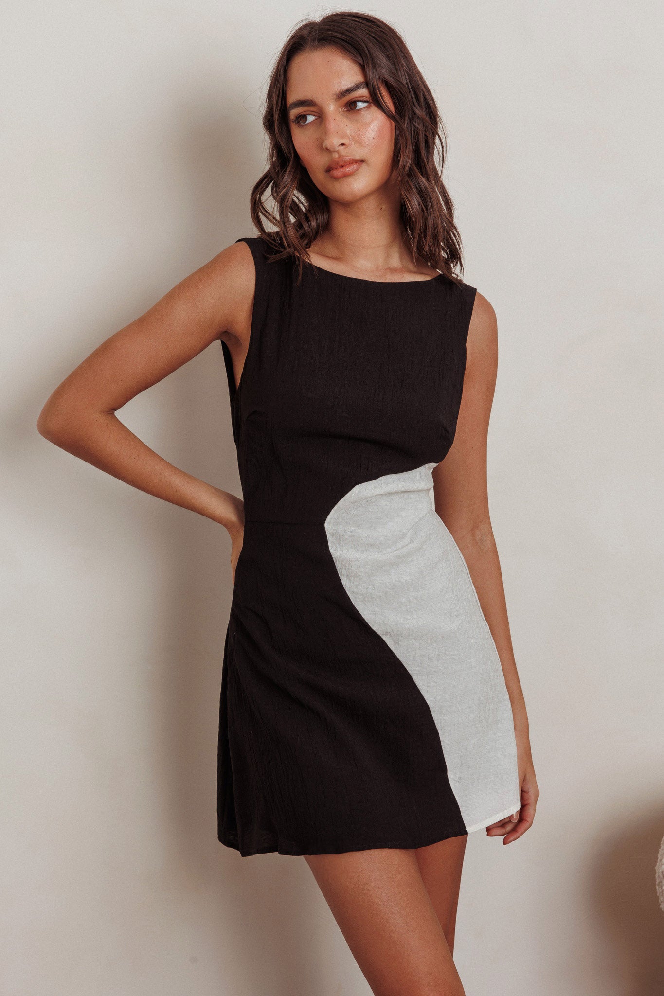 Loving Me Sleeveless A-line Mini Dress Black/Sand by Selfie Leslie