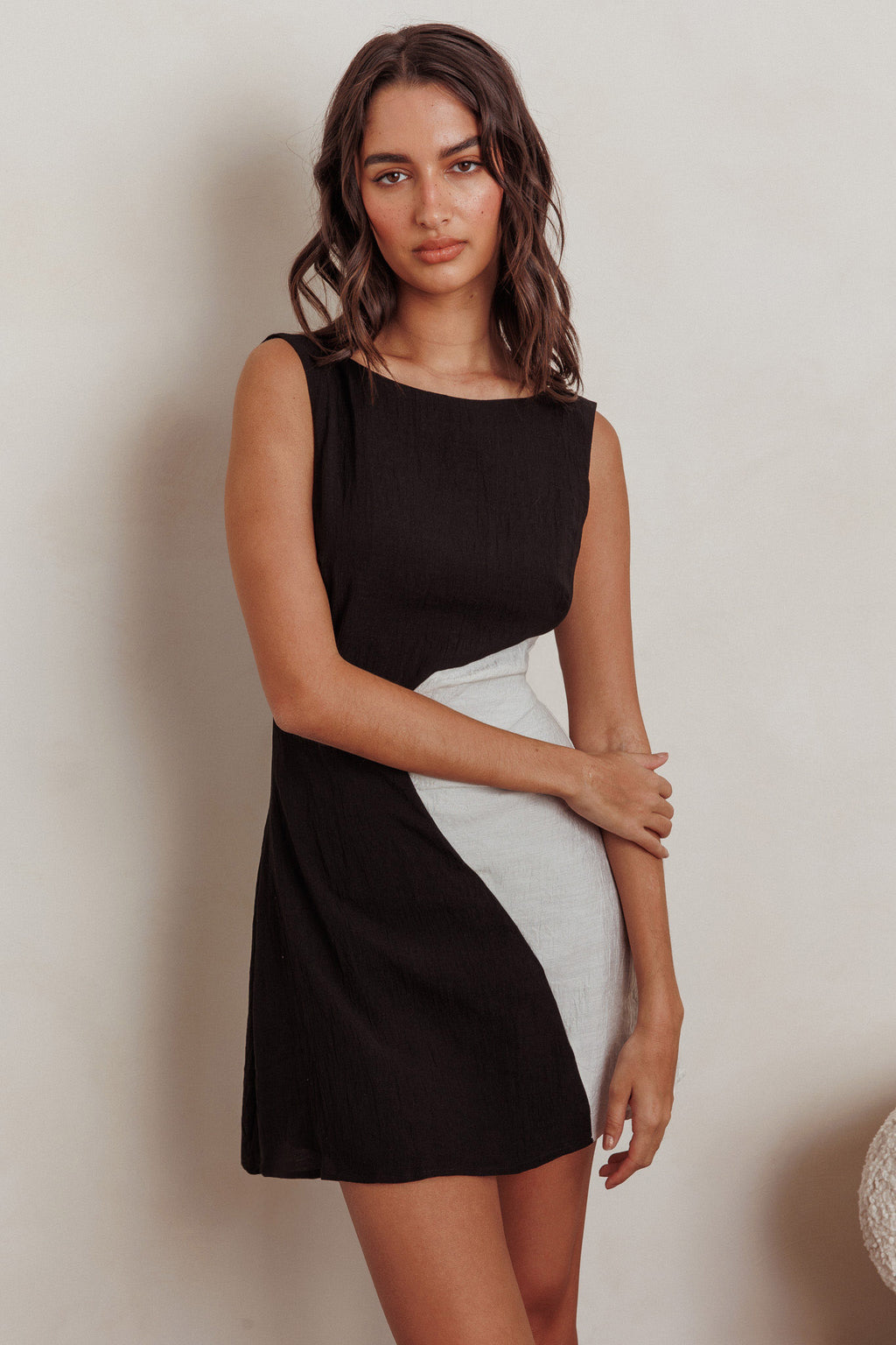 Loving Me Sleeveless A-line Mini Dress Black/Sand by Selfie Leslie