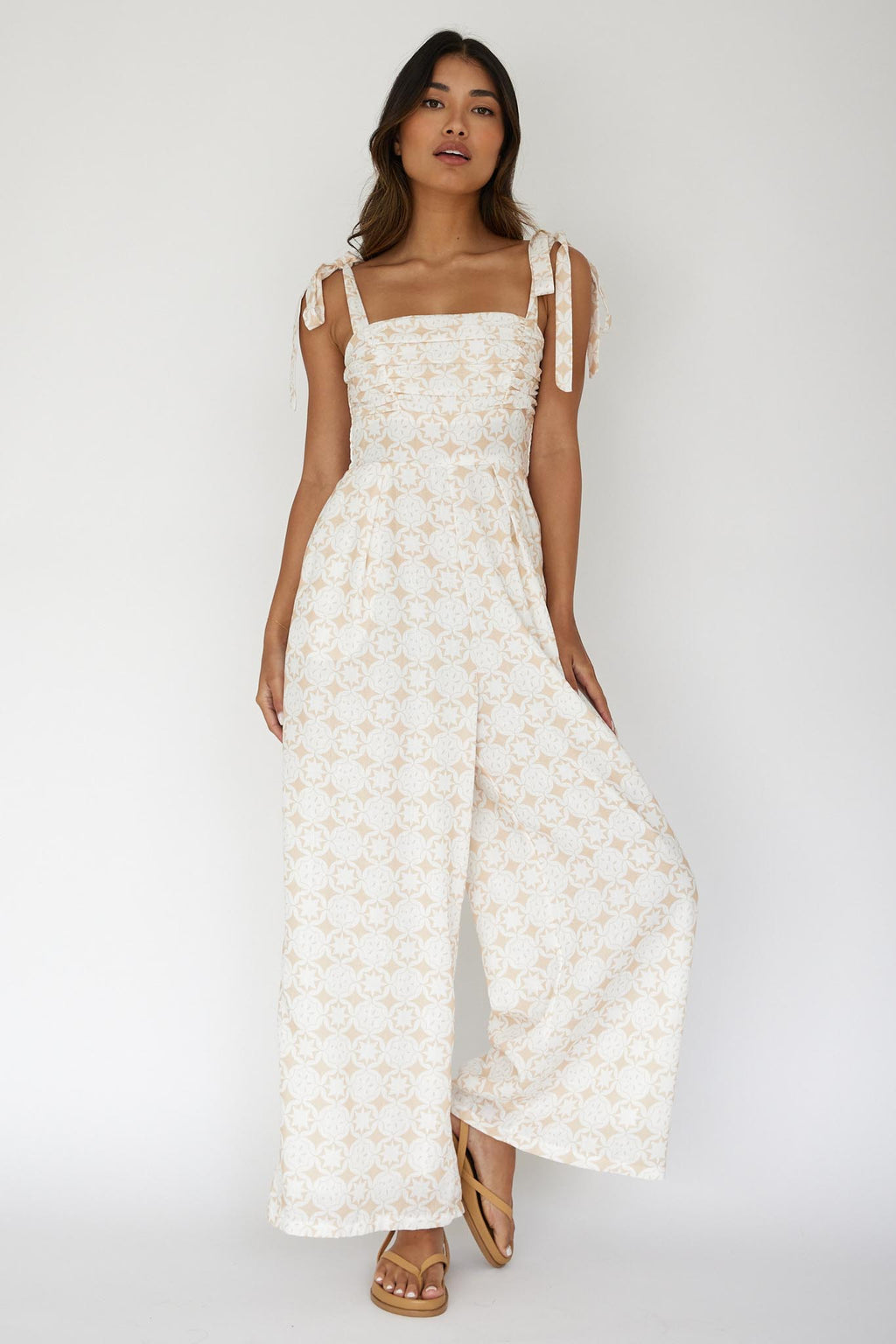 Kersty Tied Shoulder Jumpsuit Beige by Selfie Leslie
