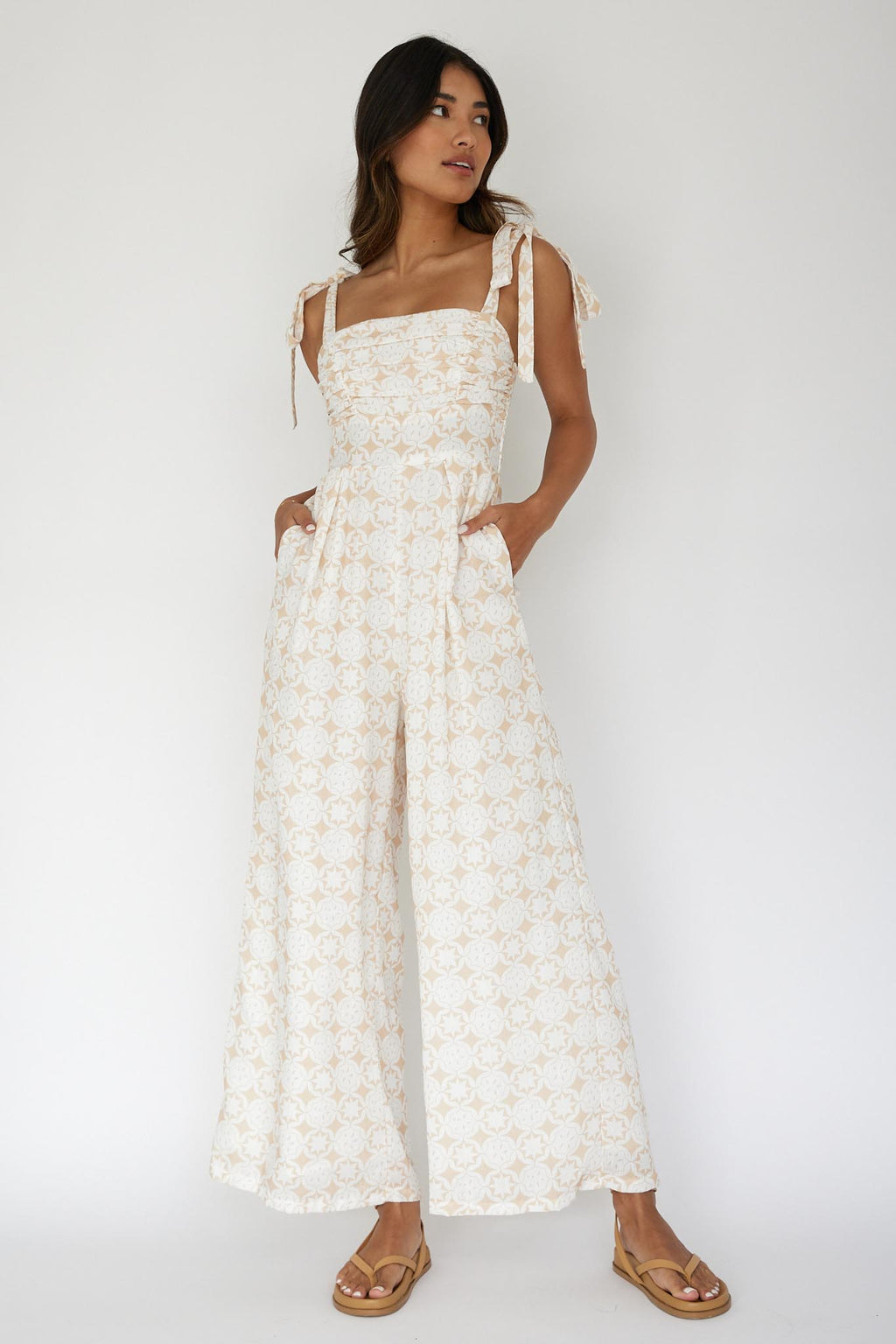 Kersty Tied Shoulder Jumpsuit Beige by Selfie Leslie