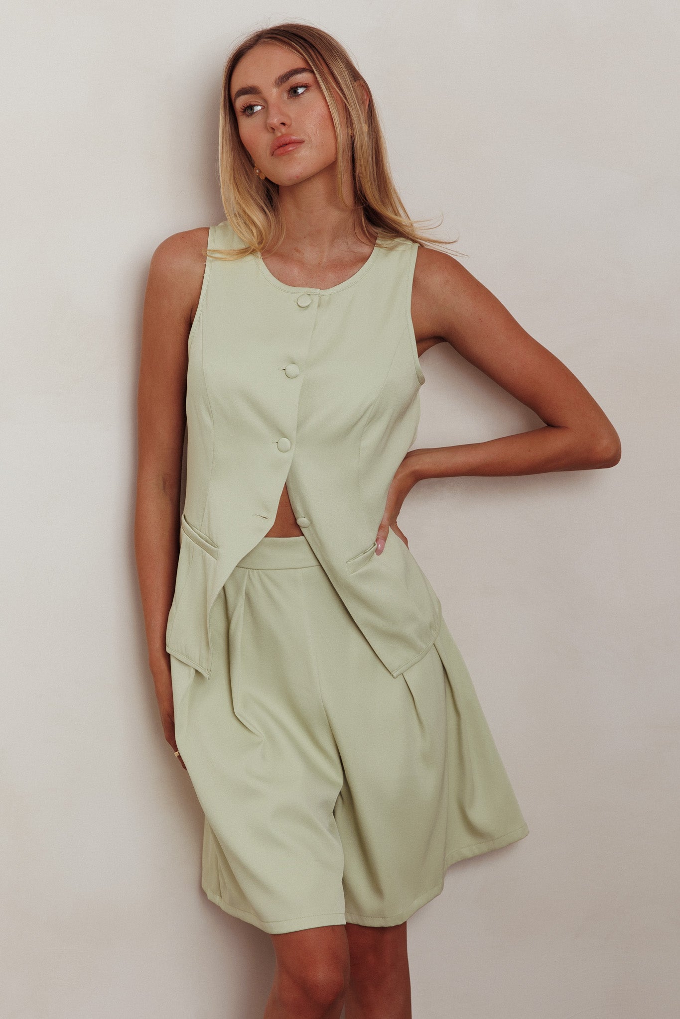Janna Wide Leg Shorts Sage by Selfie Leslie
