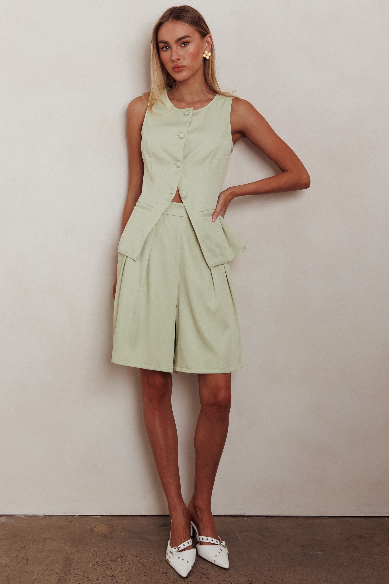 Janna Wide Leg Shorts Sage by Selfie Leslie